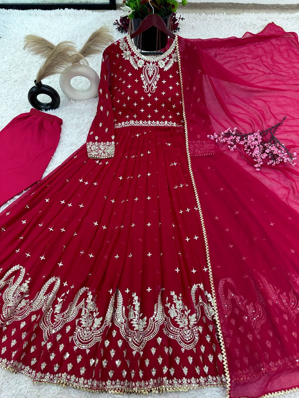 Fantastic Georgette Embroidery Sequence Red Color Gown