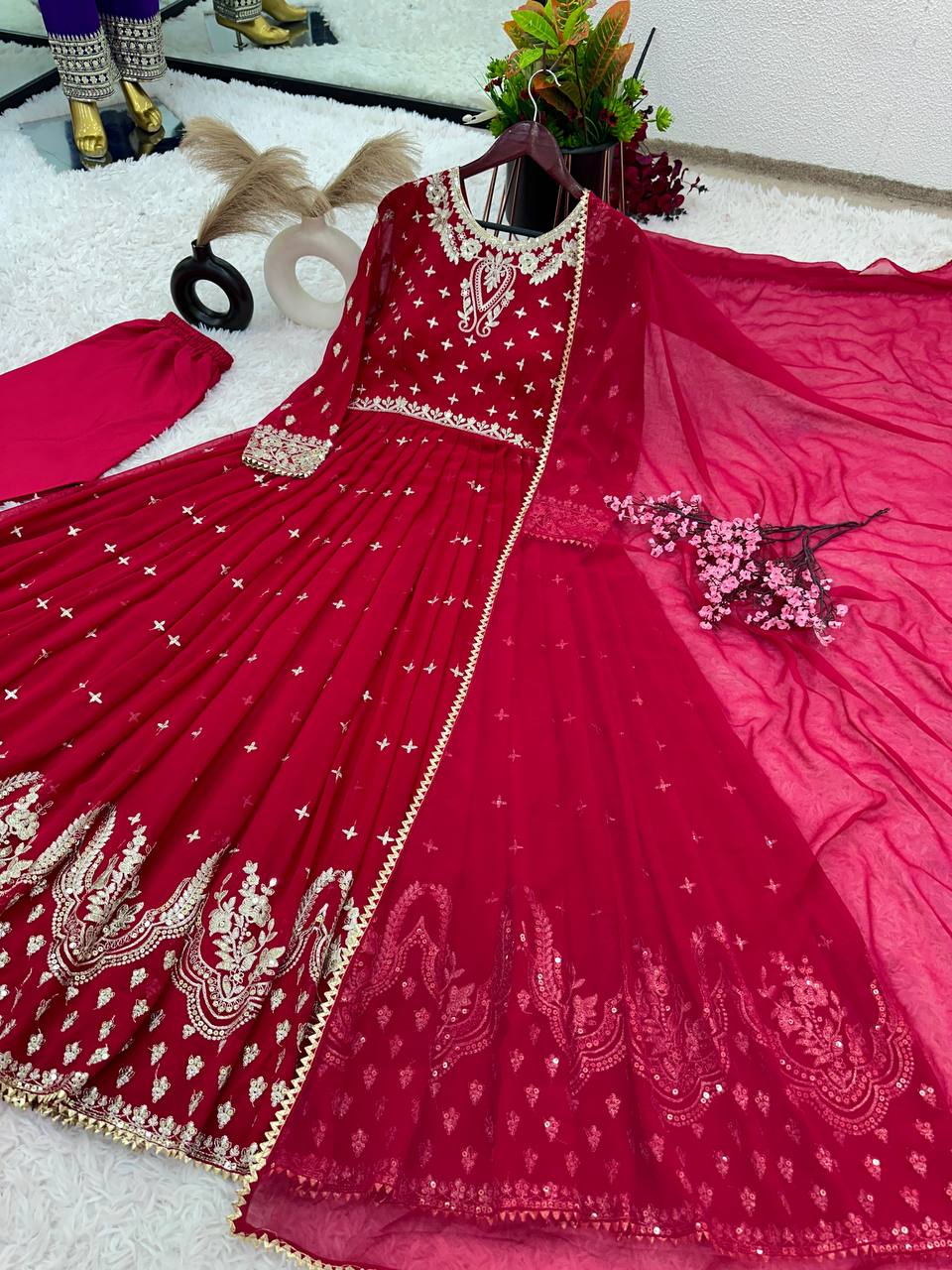 Fantastic Georgette Embroidery Sequence Red Color Gown