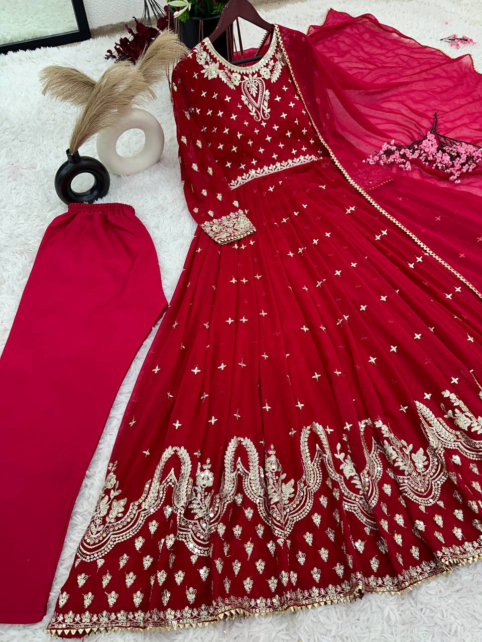 Fantastic Georgette Embroidery Sequence Red Color Gown