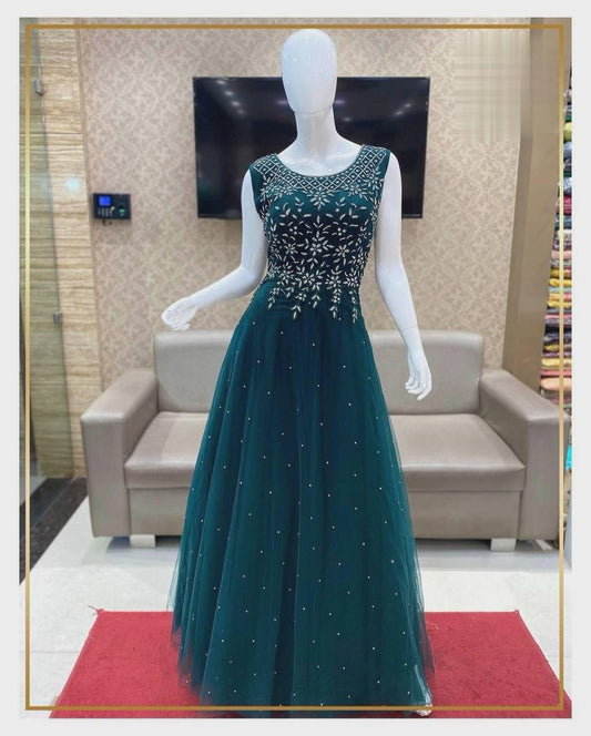 Party Wear Embroidery And Rivet Moti Work Teal Blue Gown