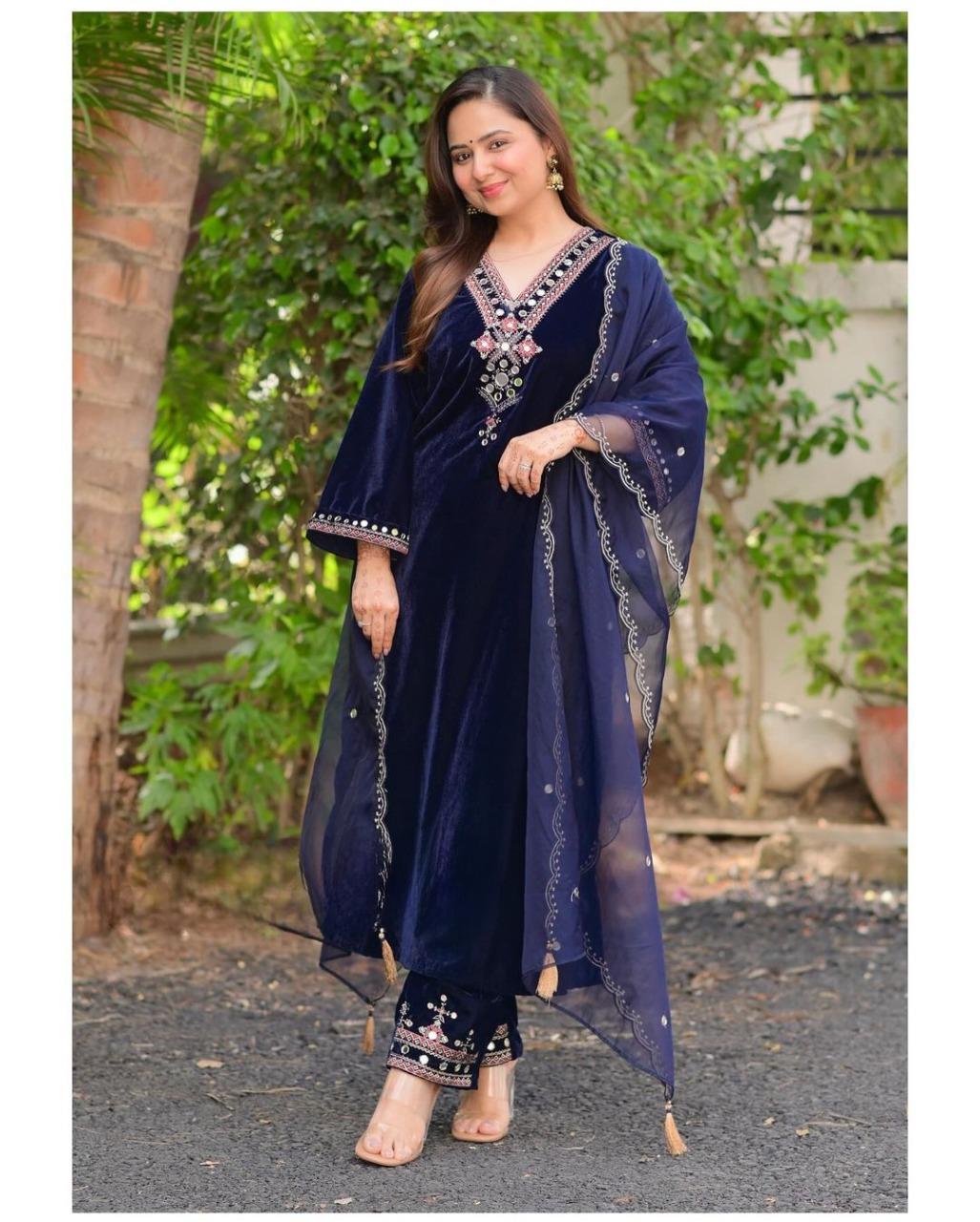 Delightful Blue Color Velvet Sequence Work Anarkali Suit