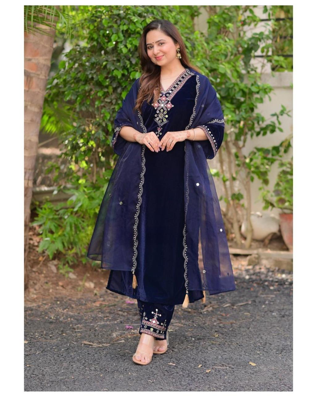 Delightful Blue Color Velvet Sequence Work Anarkali Suit