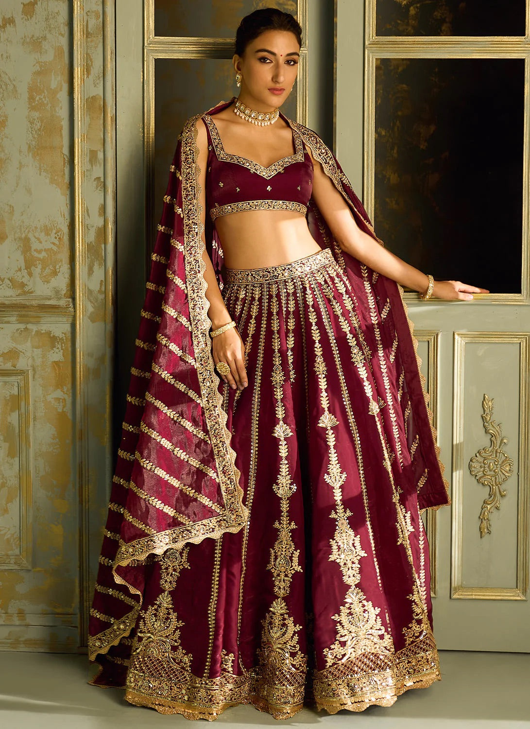 Bridal Wear Dori With Zari Work Maroon Color Heavy Lehenga Choli