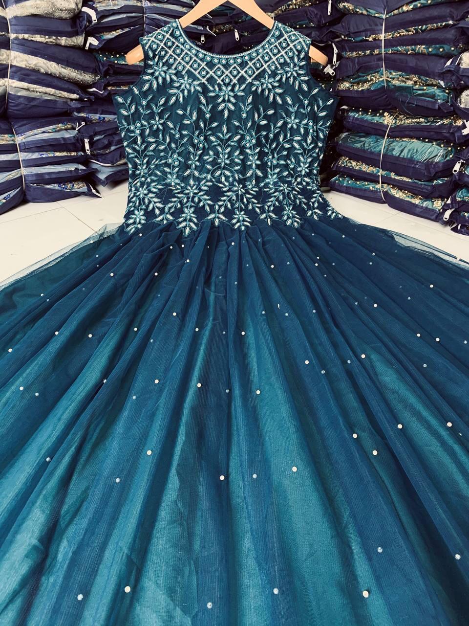 Party Wear Embroidery And Rivet Moti Work Teal Blue Gown