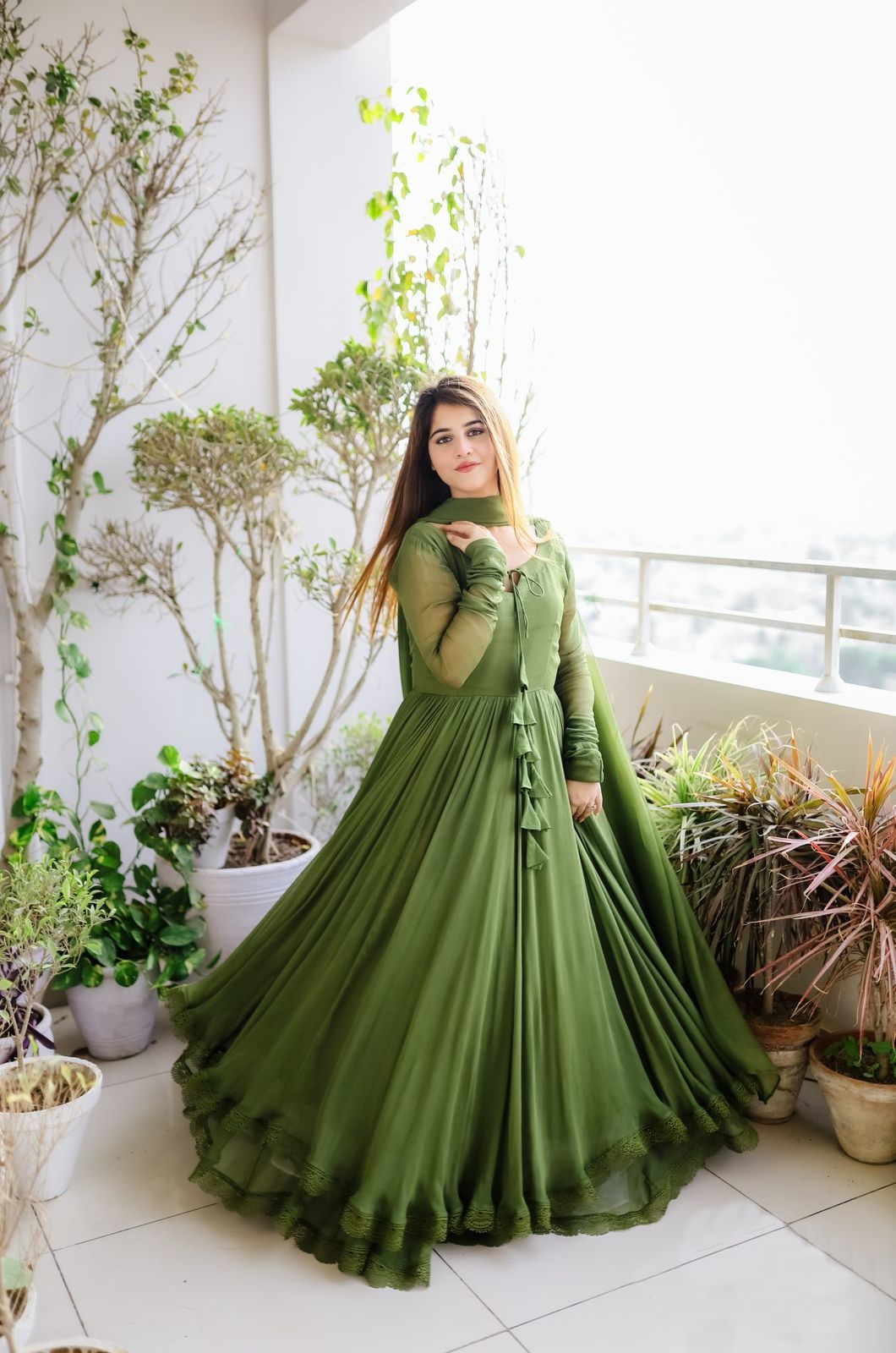 Double Layer Mehndi Green Color Gorgeous Gown