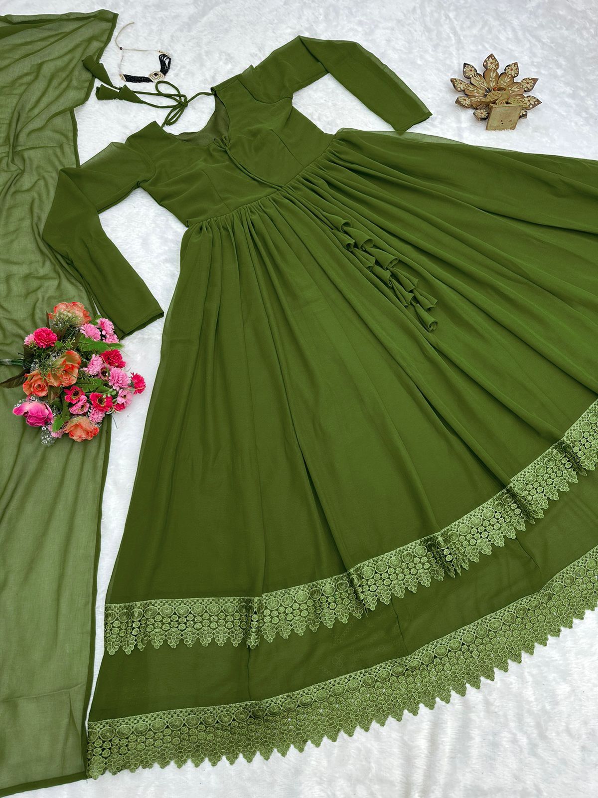 Double Layer Mehndi Green Color Gorgeous Gown