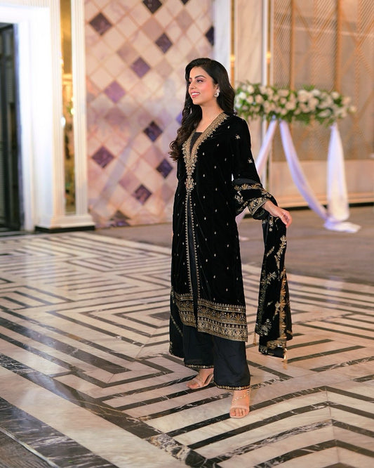 Shining  Black Color Velvet Embroidery Sequence Work Suit