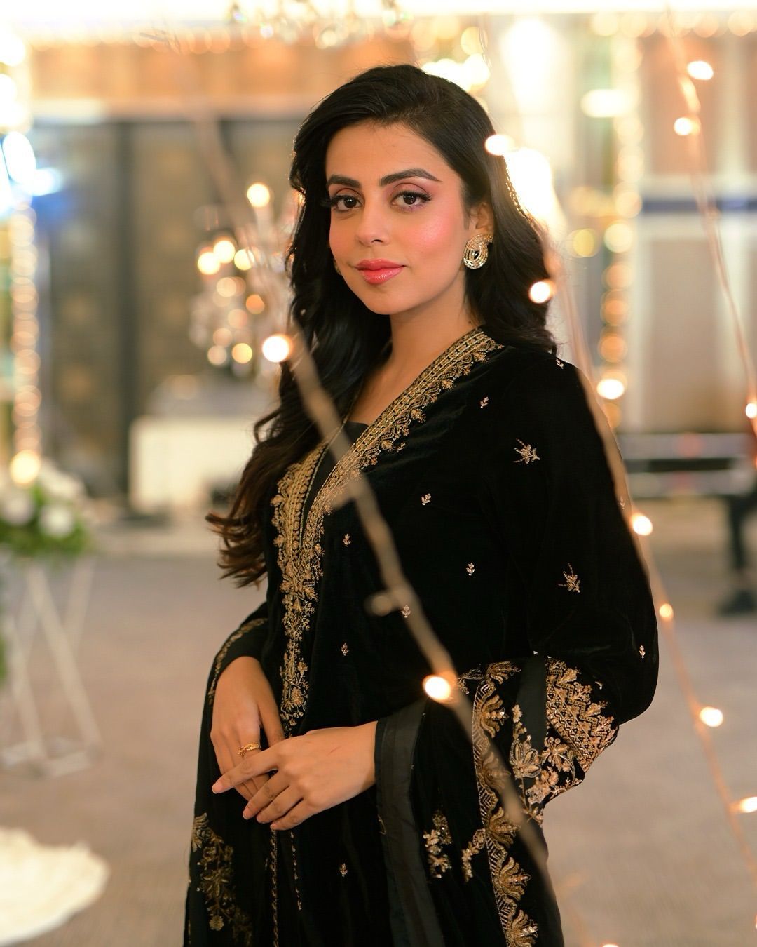 Shining  Black Color Velvet Embroidery Sequence Work Suit