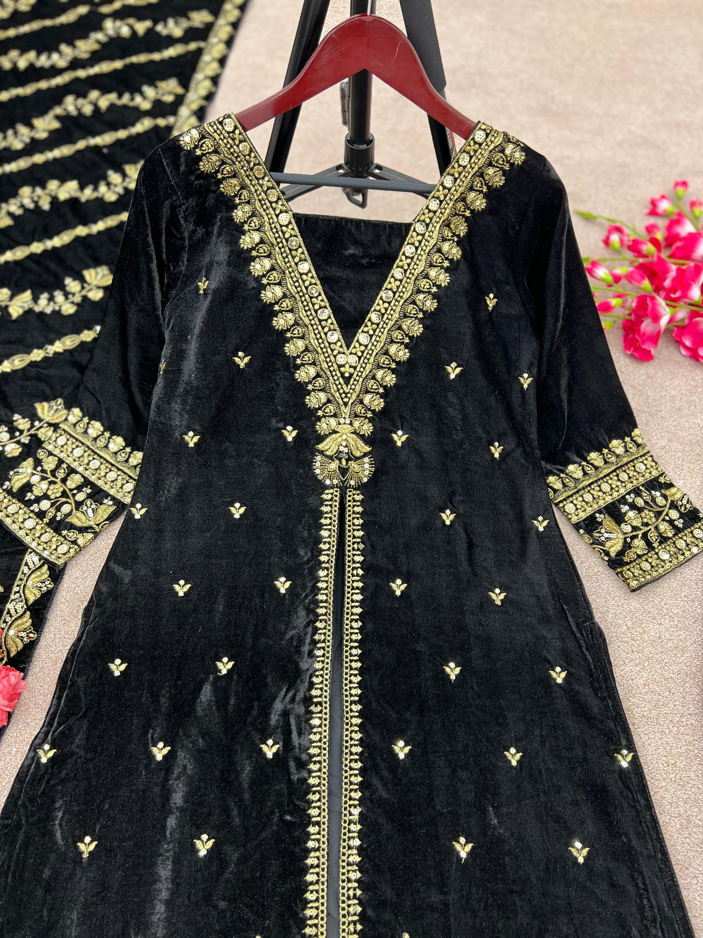 Shining  Black Color Velvet Embroidery Sequence Work Suit