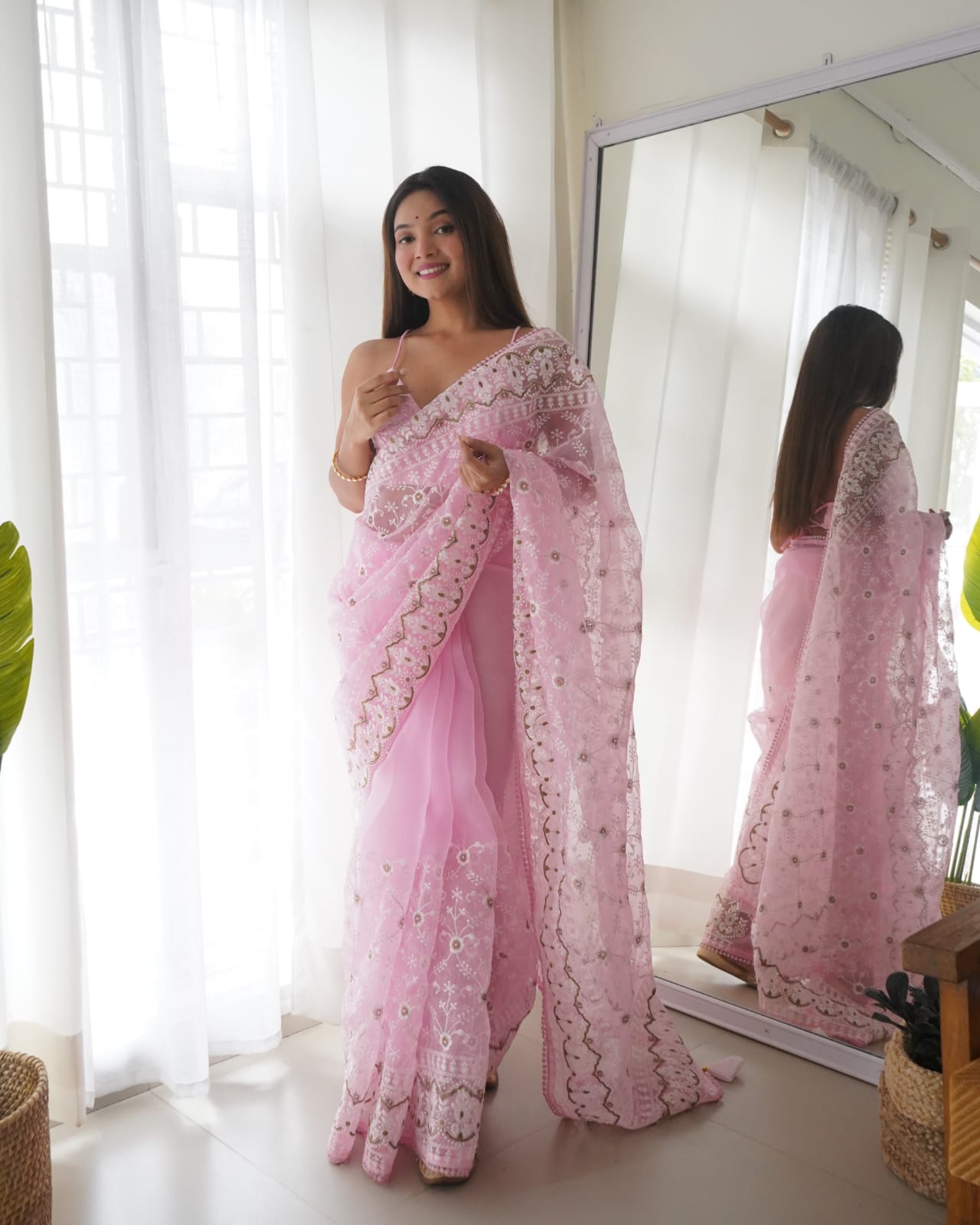 Party Wear Organza Silk Baby Pink Color Saree