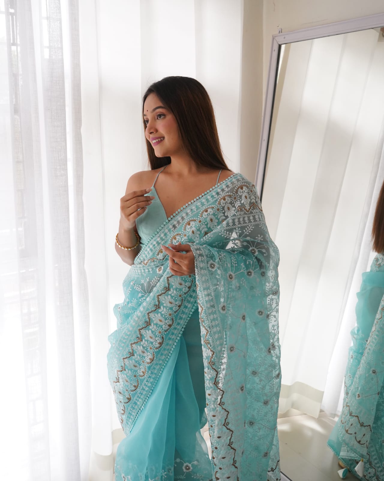 Party Wear Organza Silk Sky Blue Color Saree