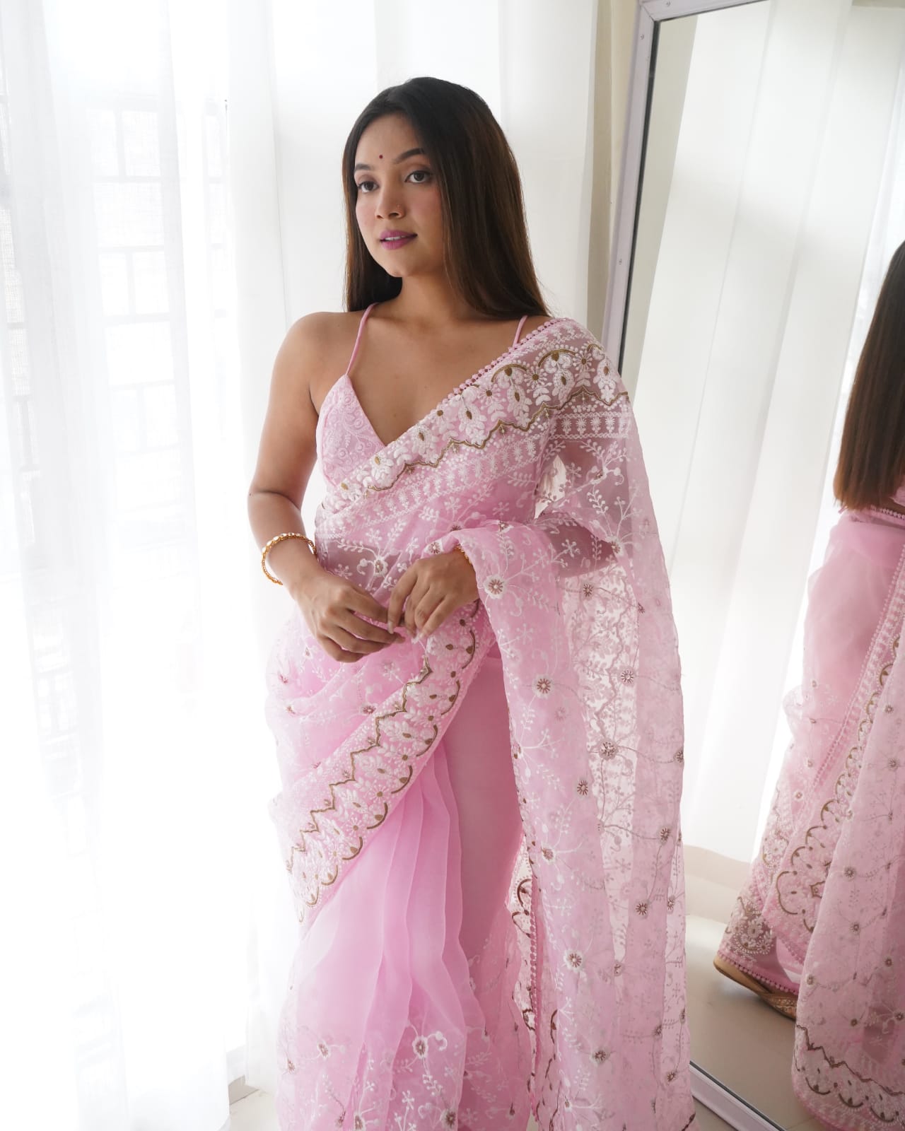 Party Wear Organza Silk Baby Pink Color Saree