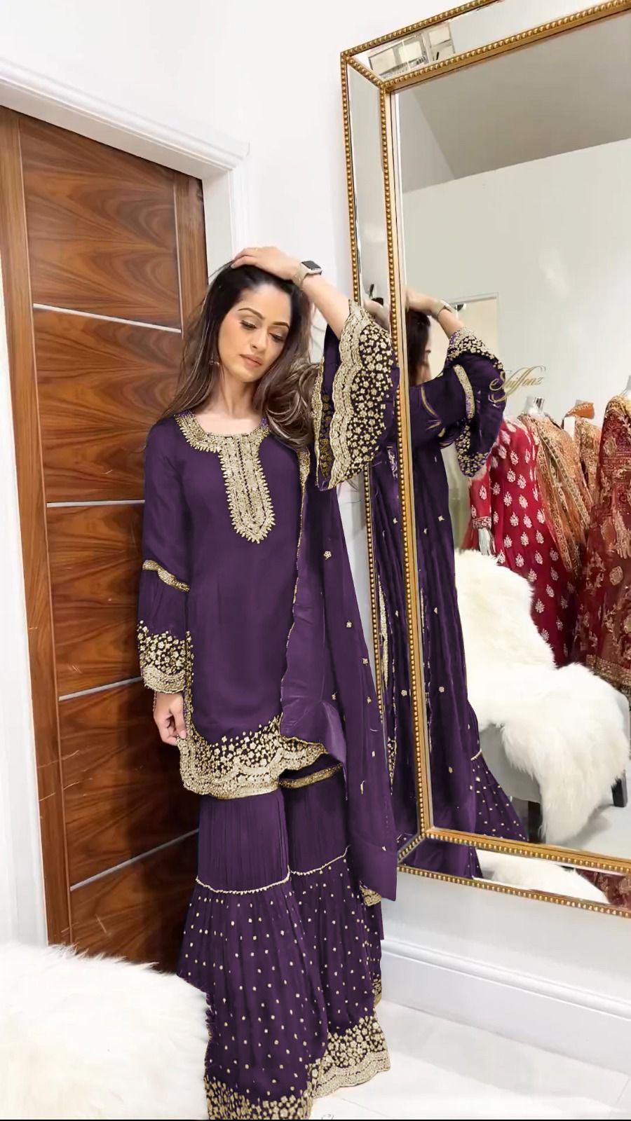 Mesmerizing Embroidery Work Wine Color Sharara Suit