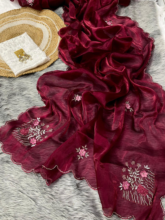 Ceremony Wear Maroon Color Organza Saree