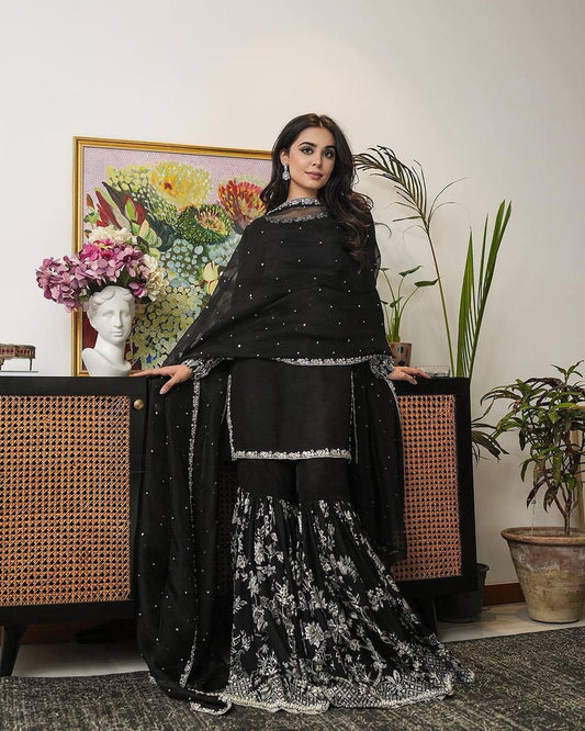 Captivating Thread With Sequence Work Black Color Sharara Suit