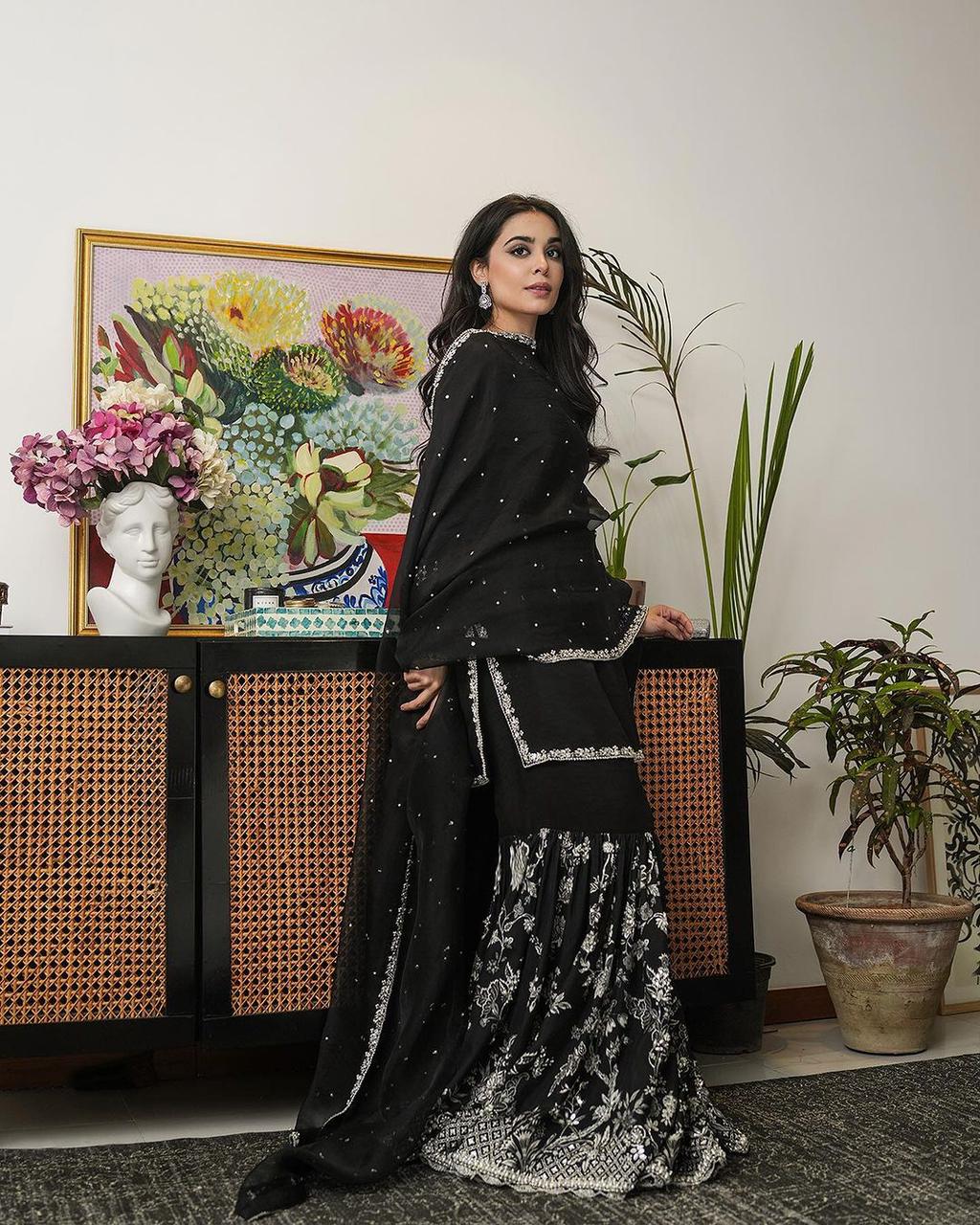 Captivating Thread With Sequence Work Black Color Sharara Suit