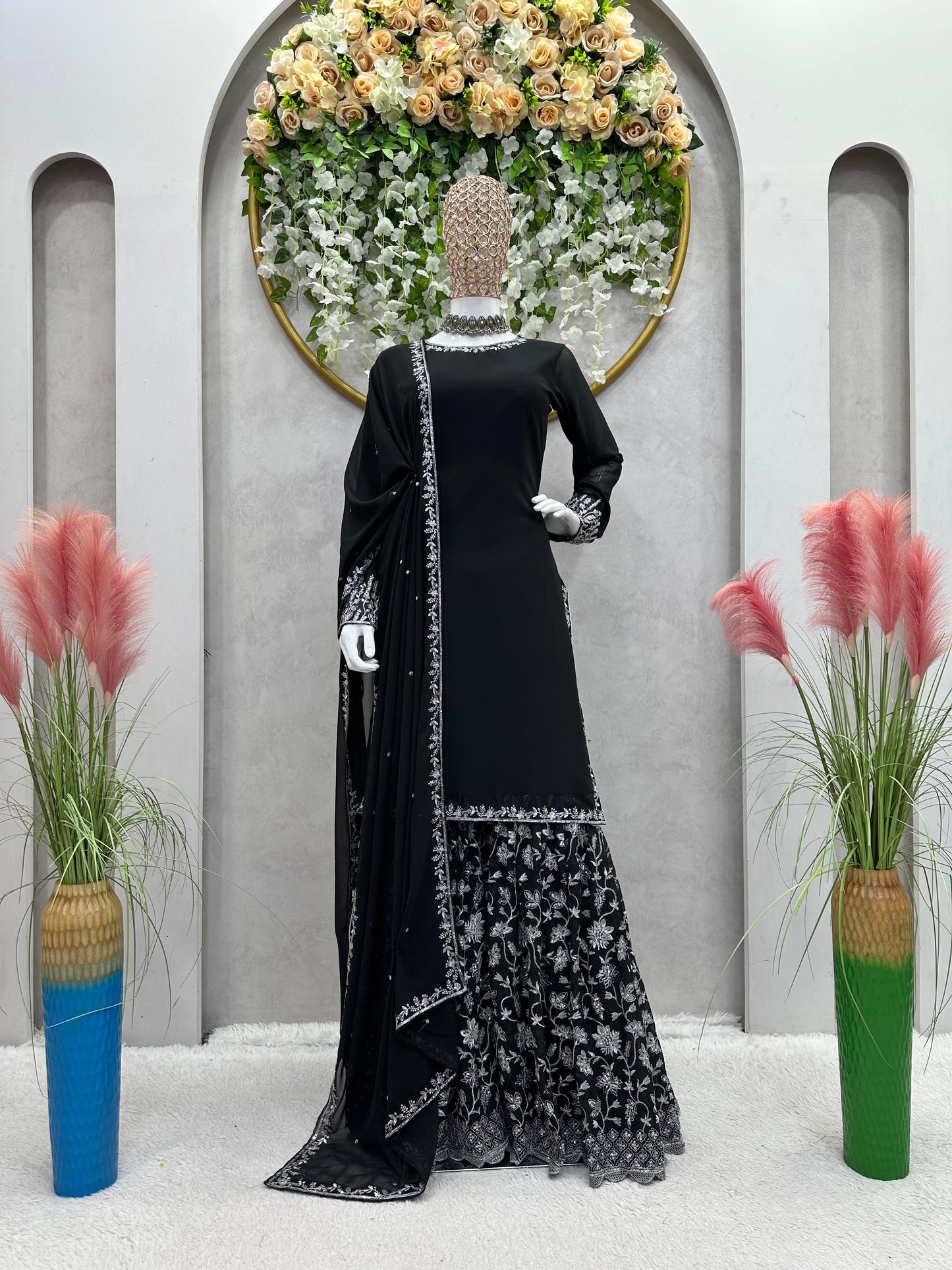 Captivating Thread With Sequence Work Black Color Sharara Suit