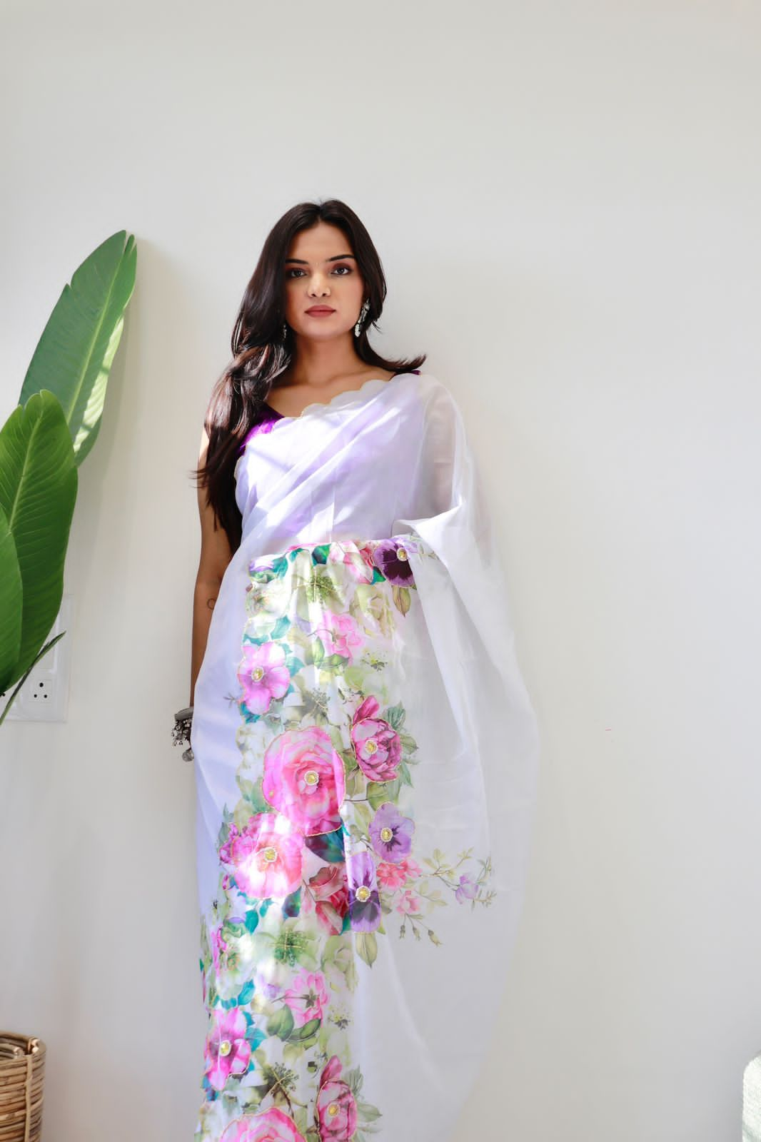 Amazing Floral Panel Designs White Color Saree