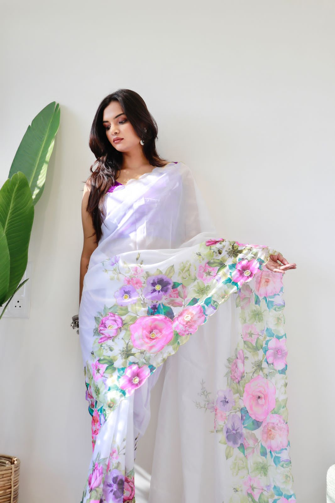 Amazing Floral Panel Designs White Color Saree