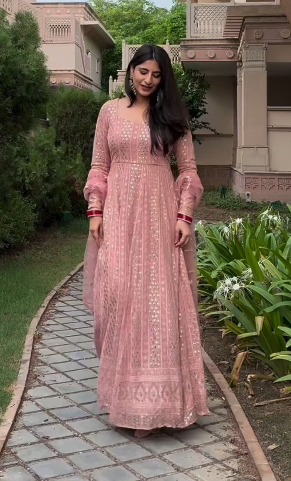 Wonderful Peach Color Georgette Sequence Work Palazzo Suit