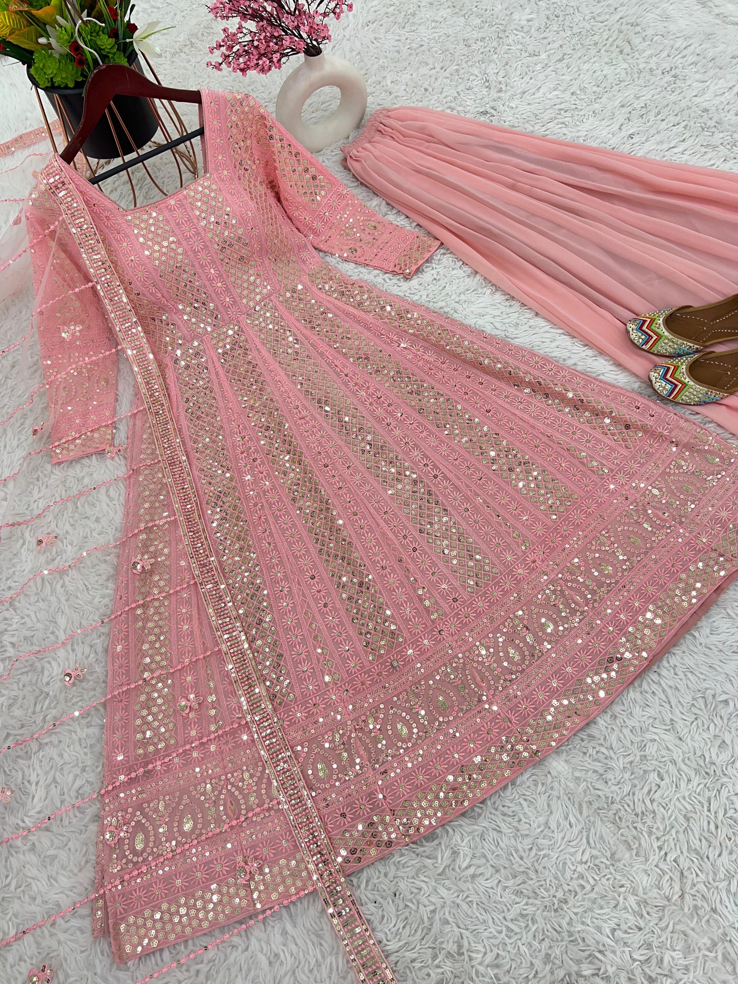 Wonderful Peach Color Georgette Sequence Work Palazzo Suit