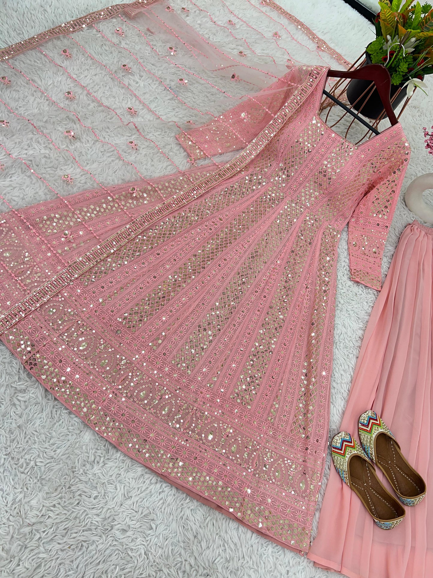 Wonderful Peach Color Georgette Sequence Work Palazzo Suit