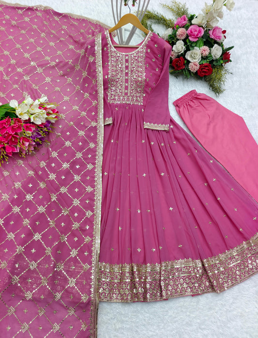 Captivating Sequence Work Pink Color Anarkali Gown