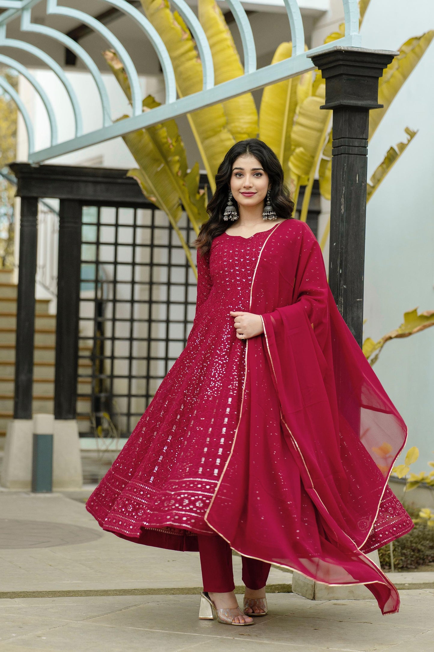 Function Wear Red Color All Over Embroidery Work Gown