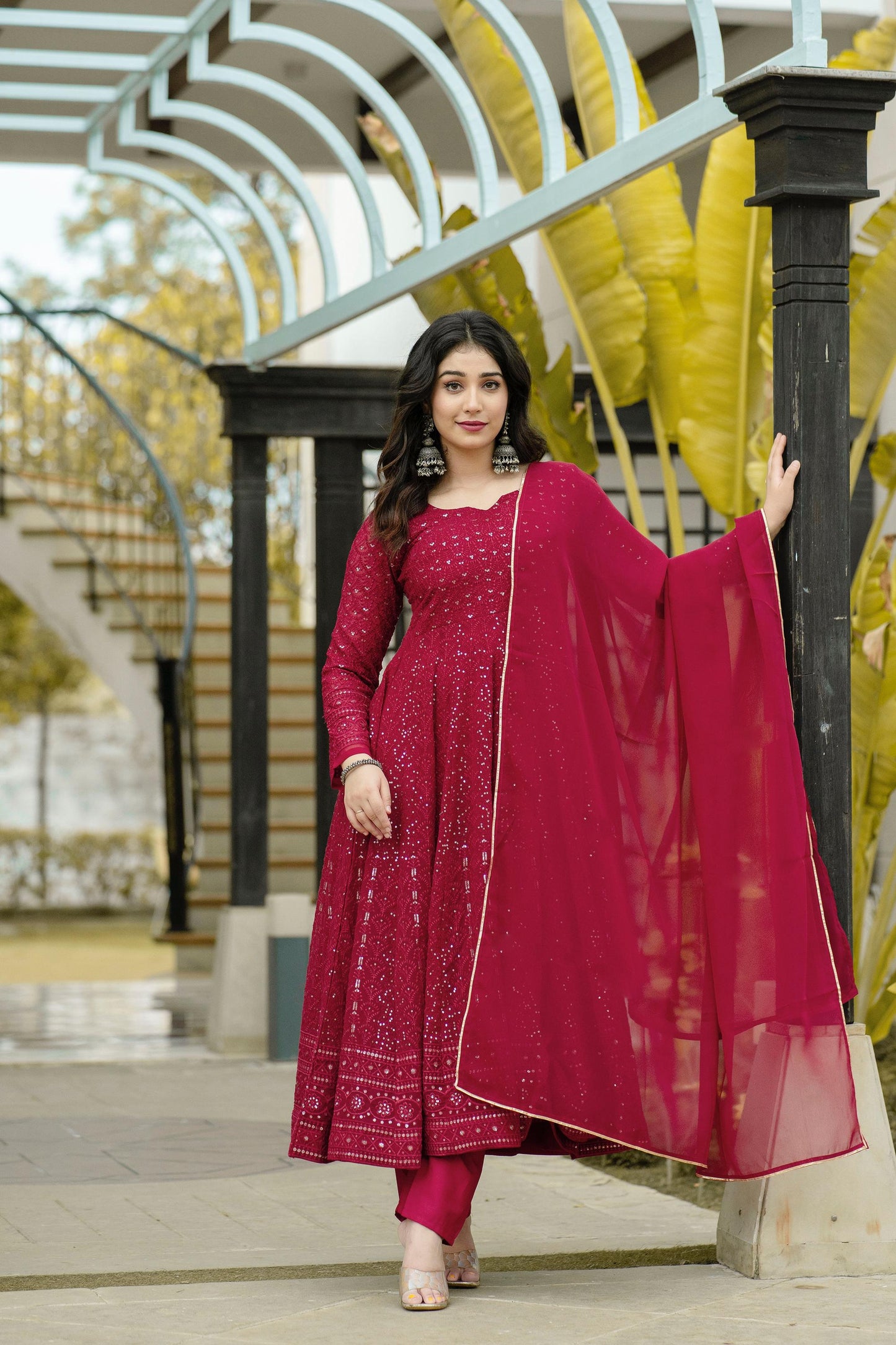 Function Wear Red Color All Over Embroidery Work Gown