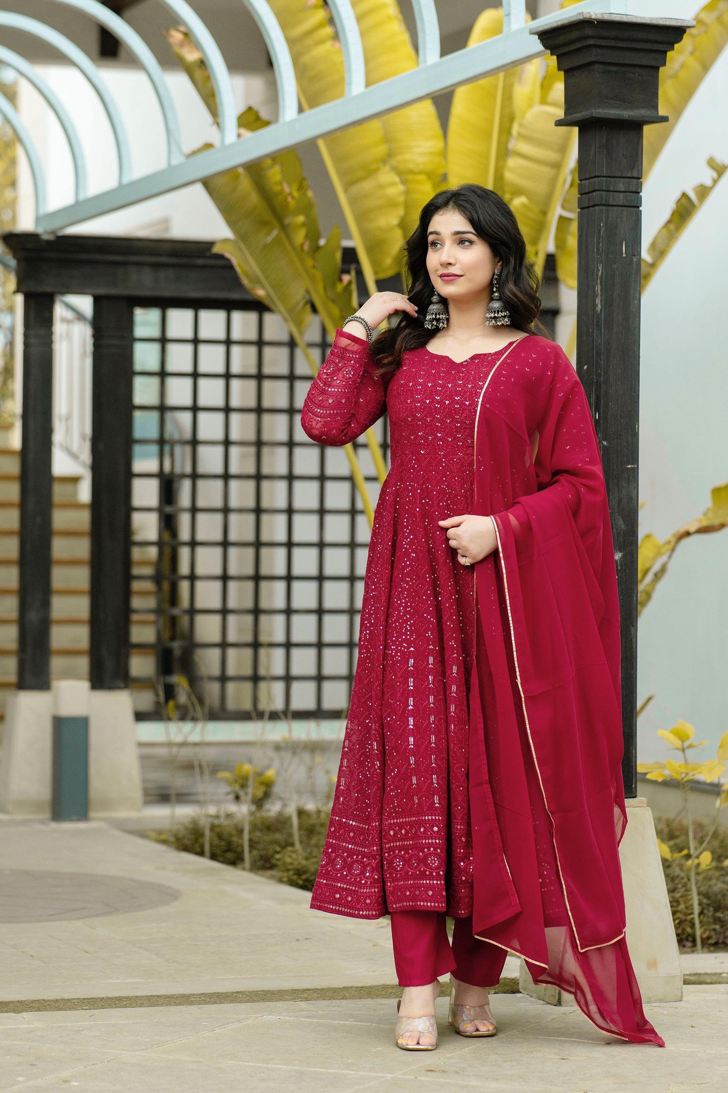 Function Wear Red Color All Over Embroidery Work Gown