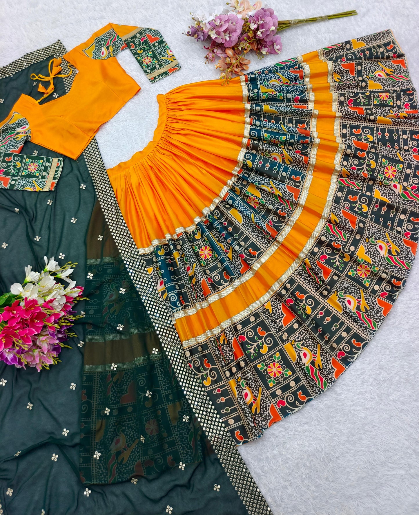 Festive Wear Digital Print Orange With Green Lehenga Choli