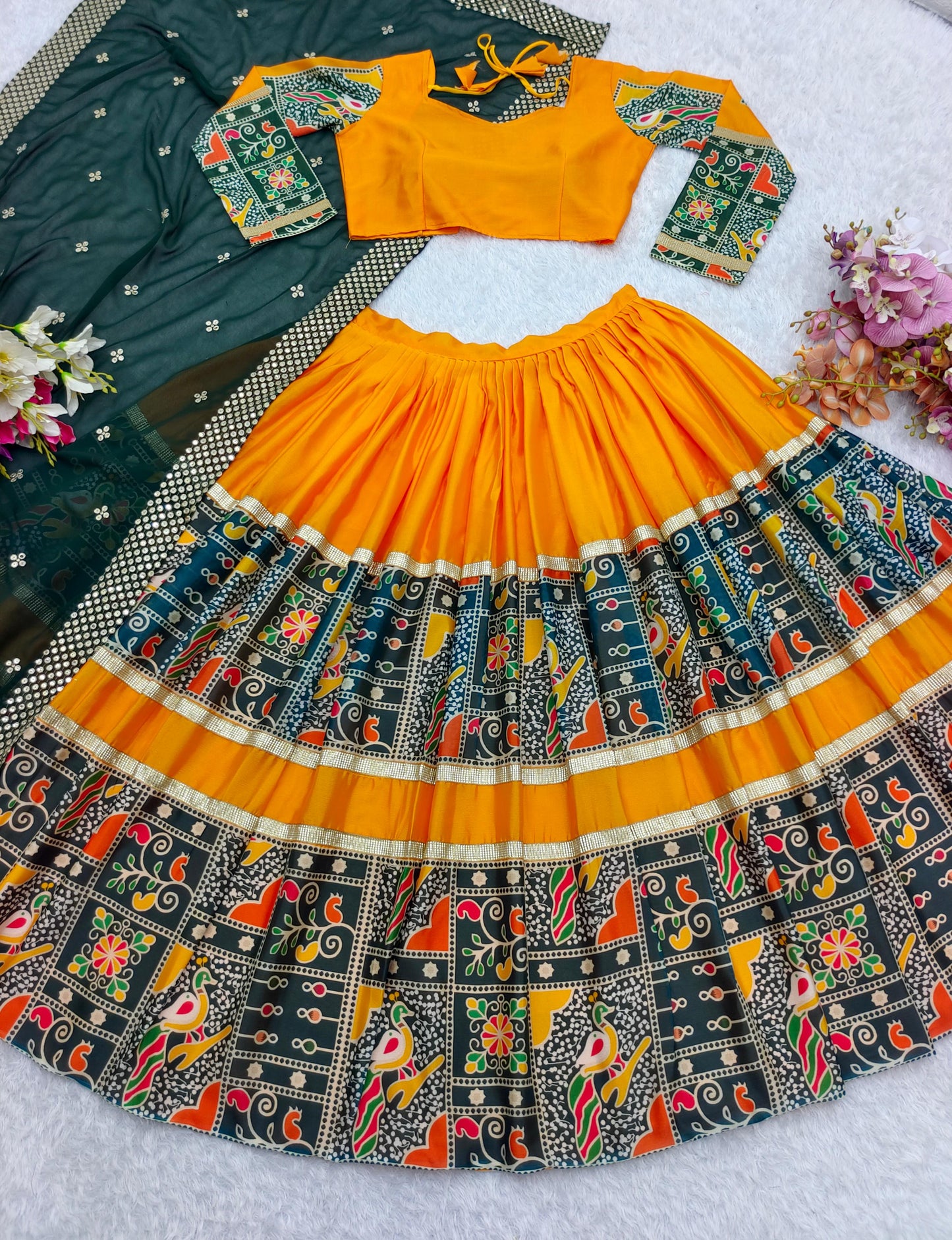 Festive Wear Digital Print Orange With Green Lehenga Choli