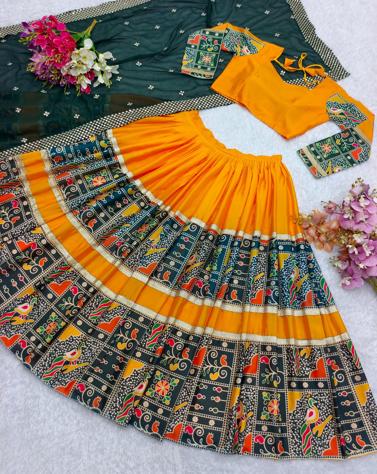 Festive Wear Digital Print Orange With Green Lehenga Choli