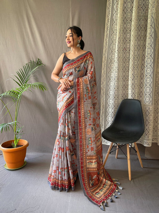 Multi Digital Kalamkari Print Grey Color Cotton Saree