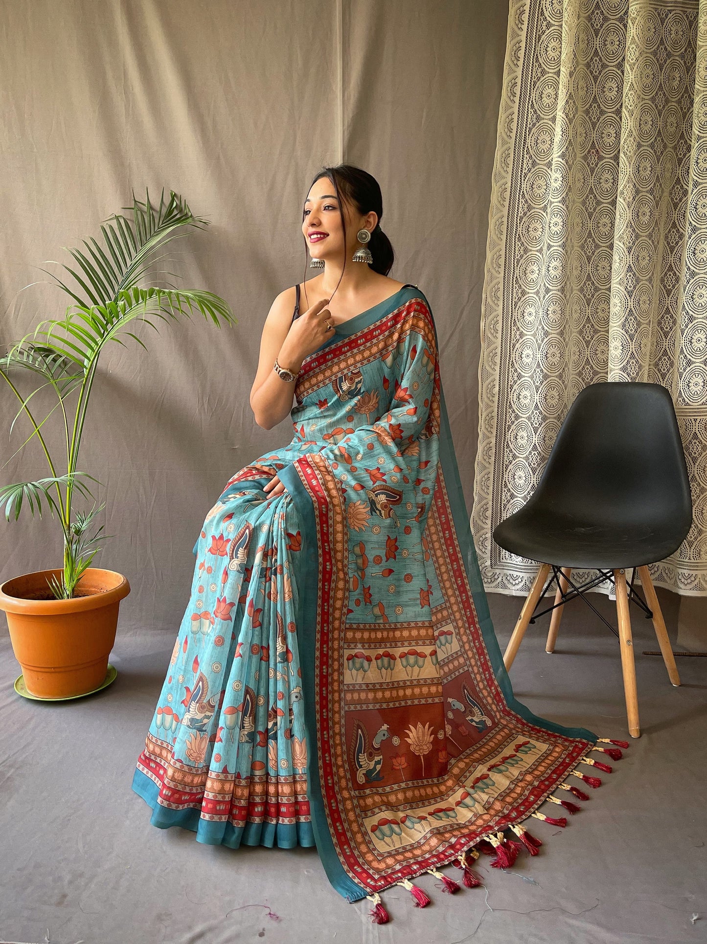 Multi Digital Kalamkari Print Sky Blue Color Cotton Saree