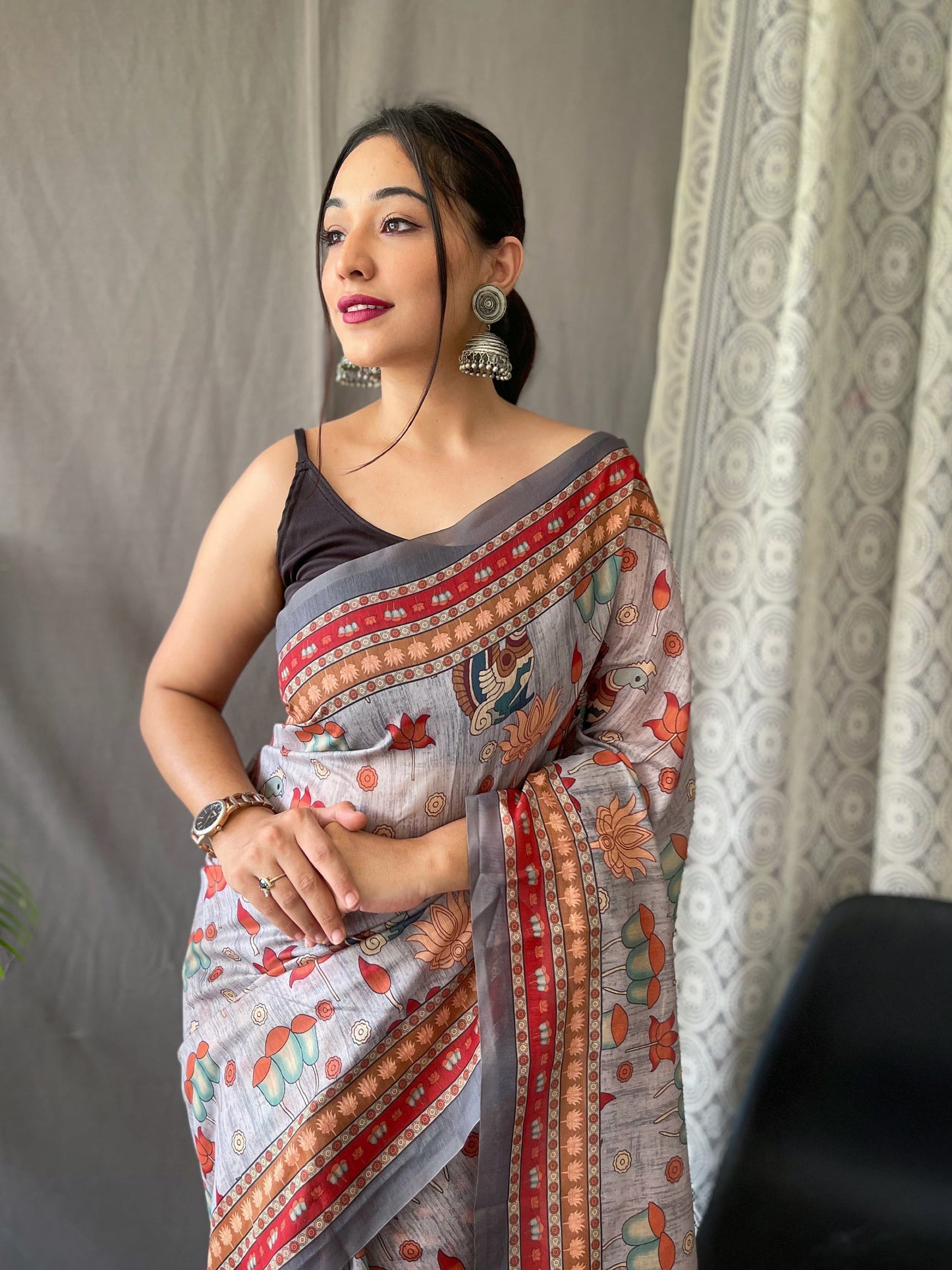 Multi Digital Kalamkari Print Grey Color Cotton Saree