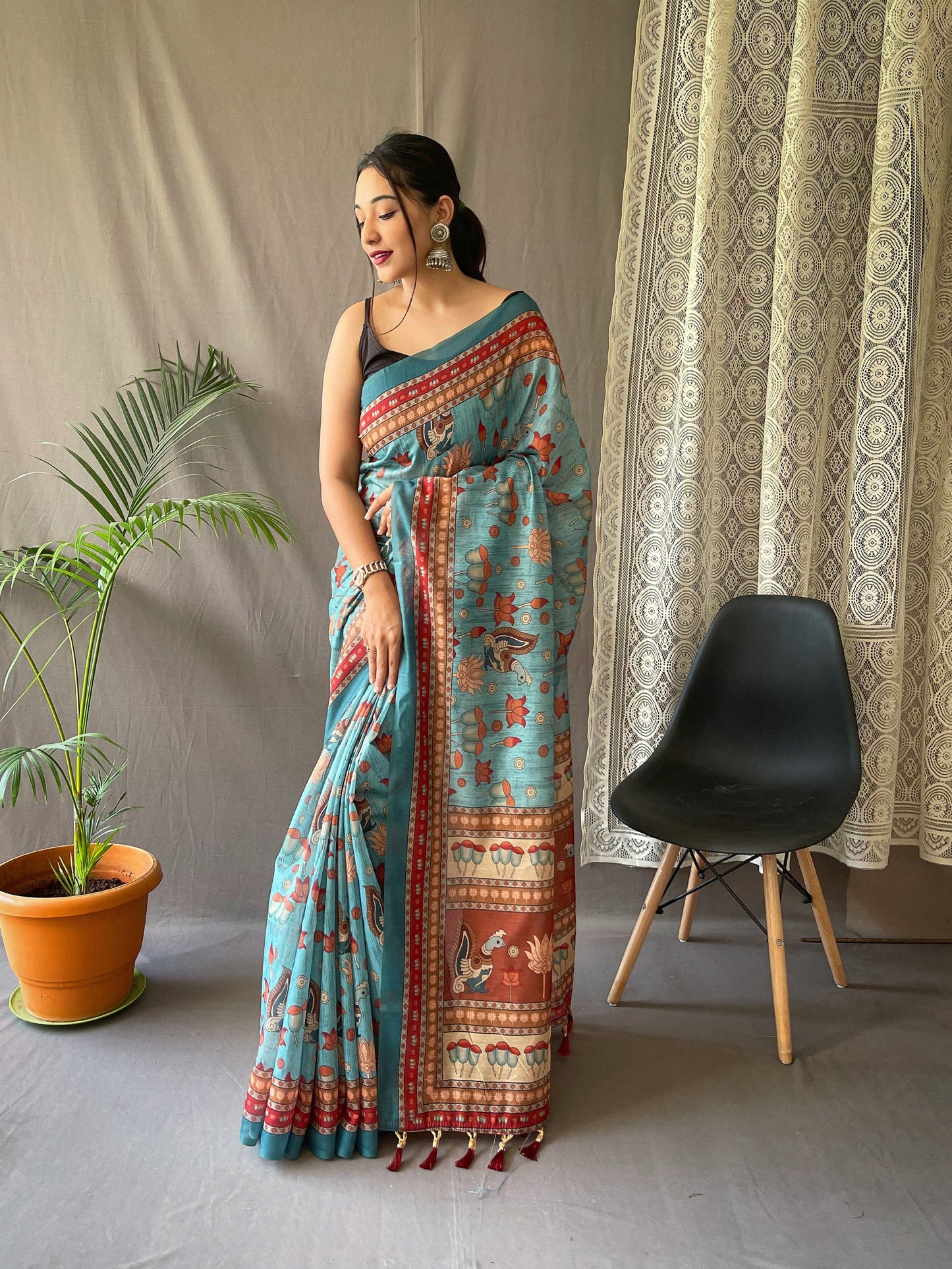 Multi Digital Kalamkari Print Sky Blue Color Cotton Saree