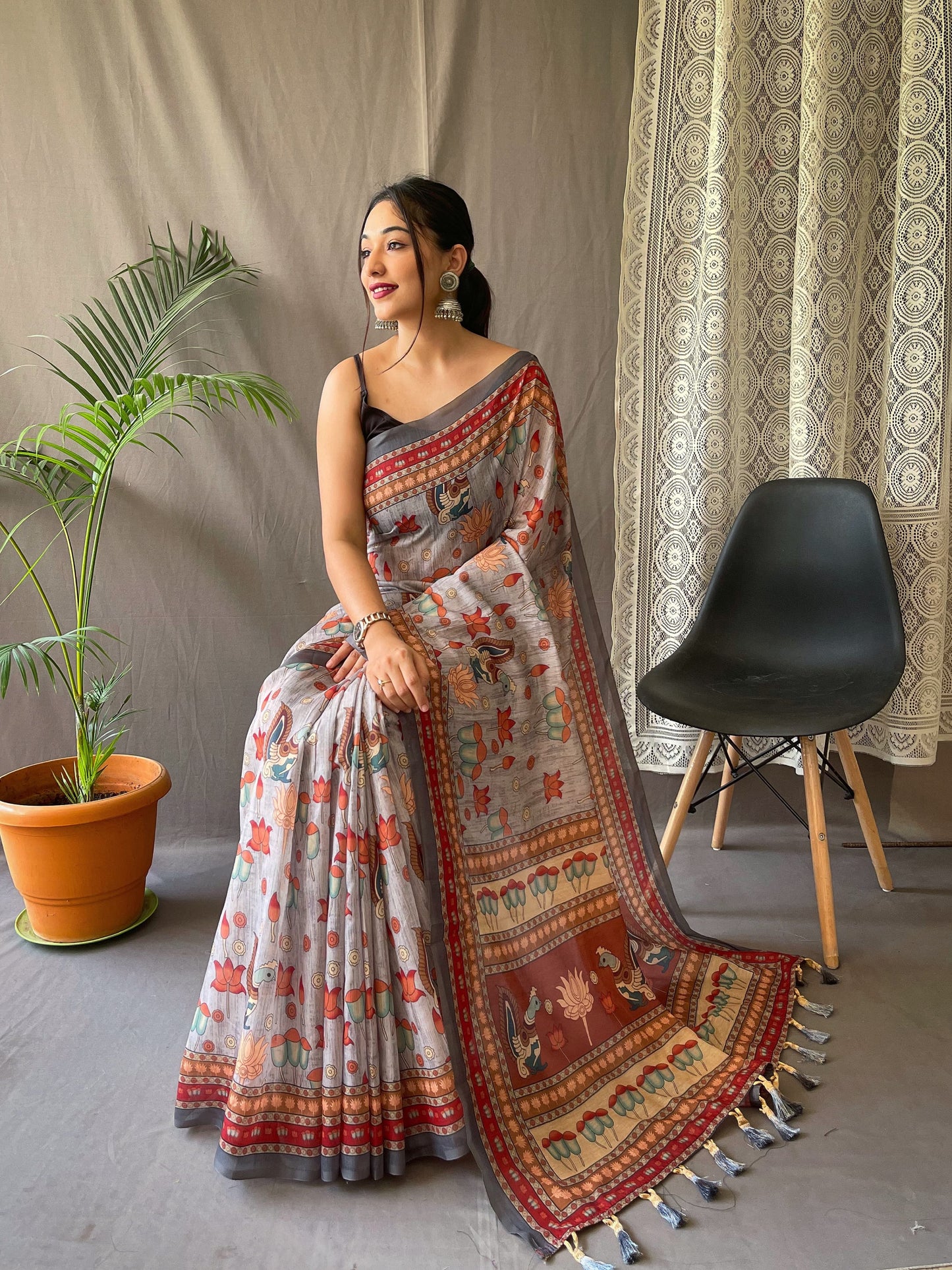 Multi Digital Kalamkari Print Grey Color Cotton Saree