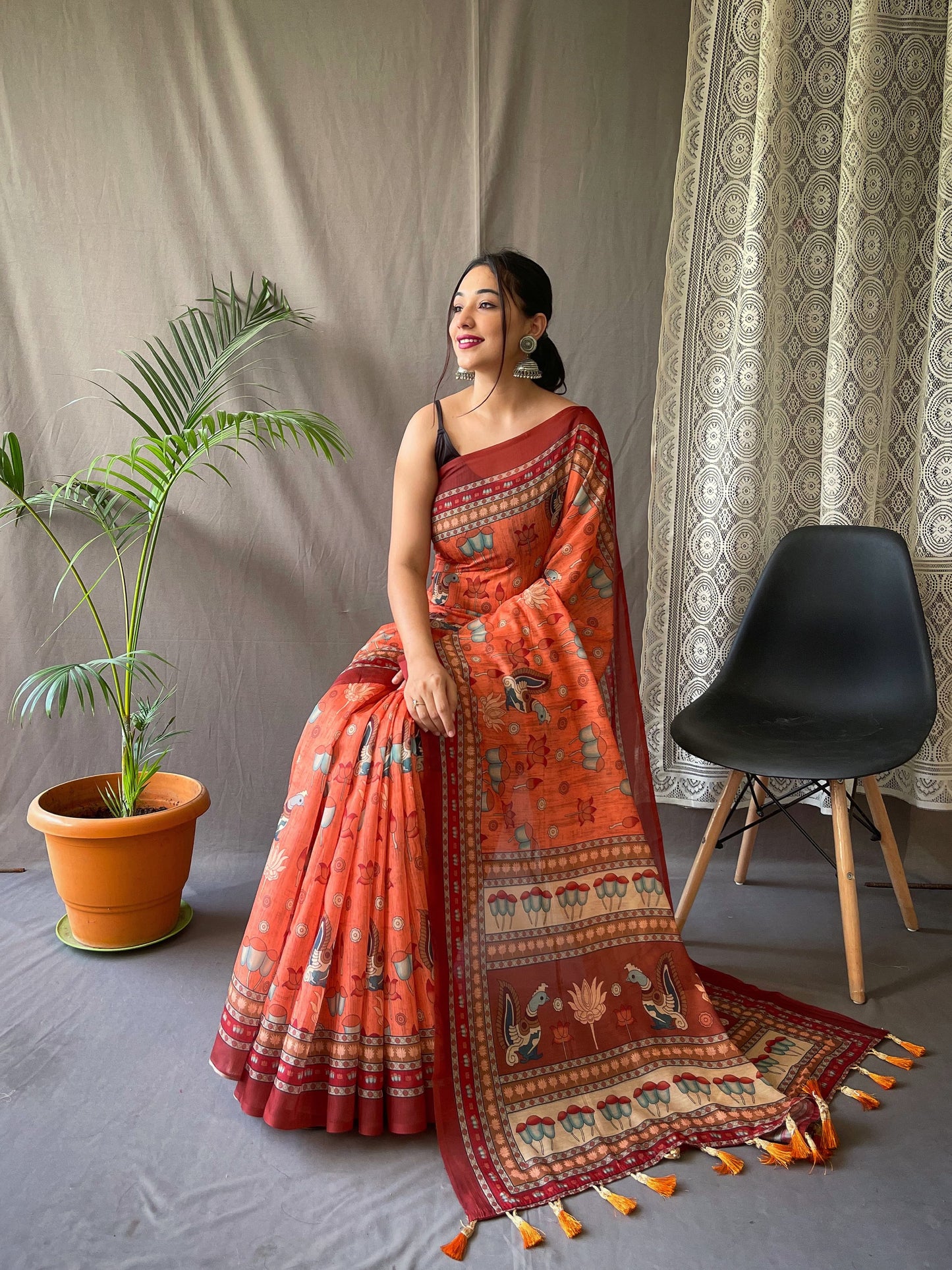 Multi Digital Kalamkari Print Orange Color Cotton Saree