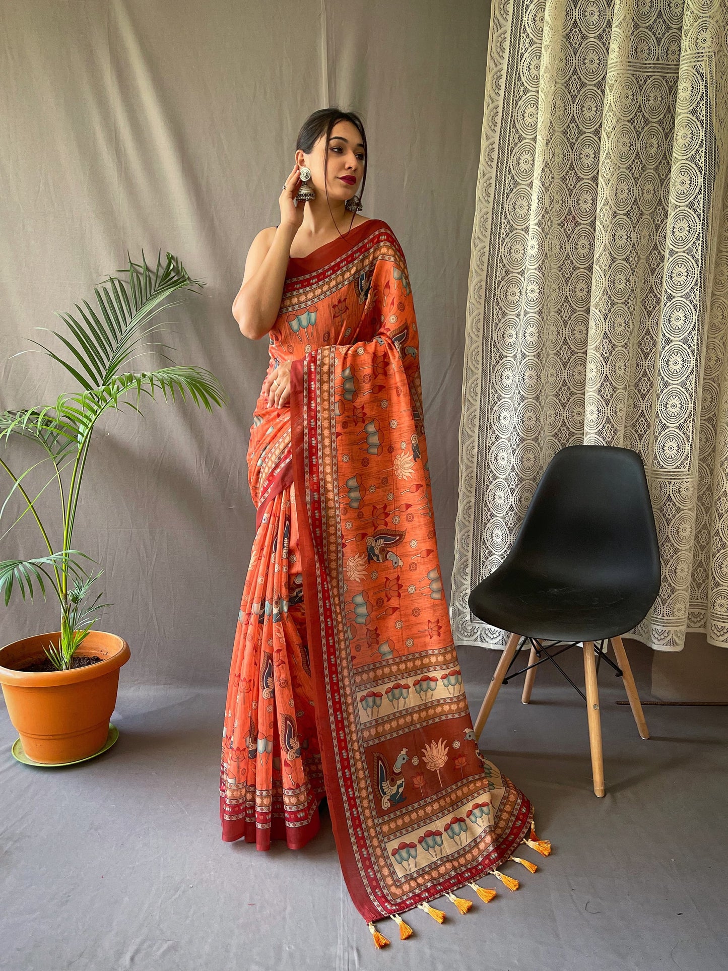 Multi Digital Kalamkari Print Orange Color Cotton Saree