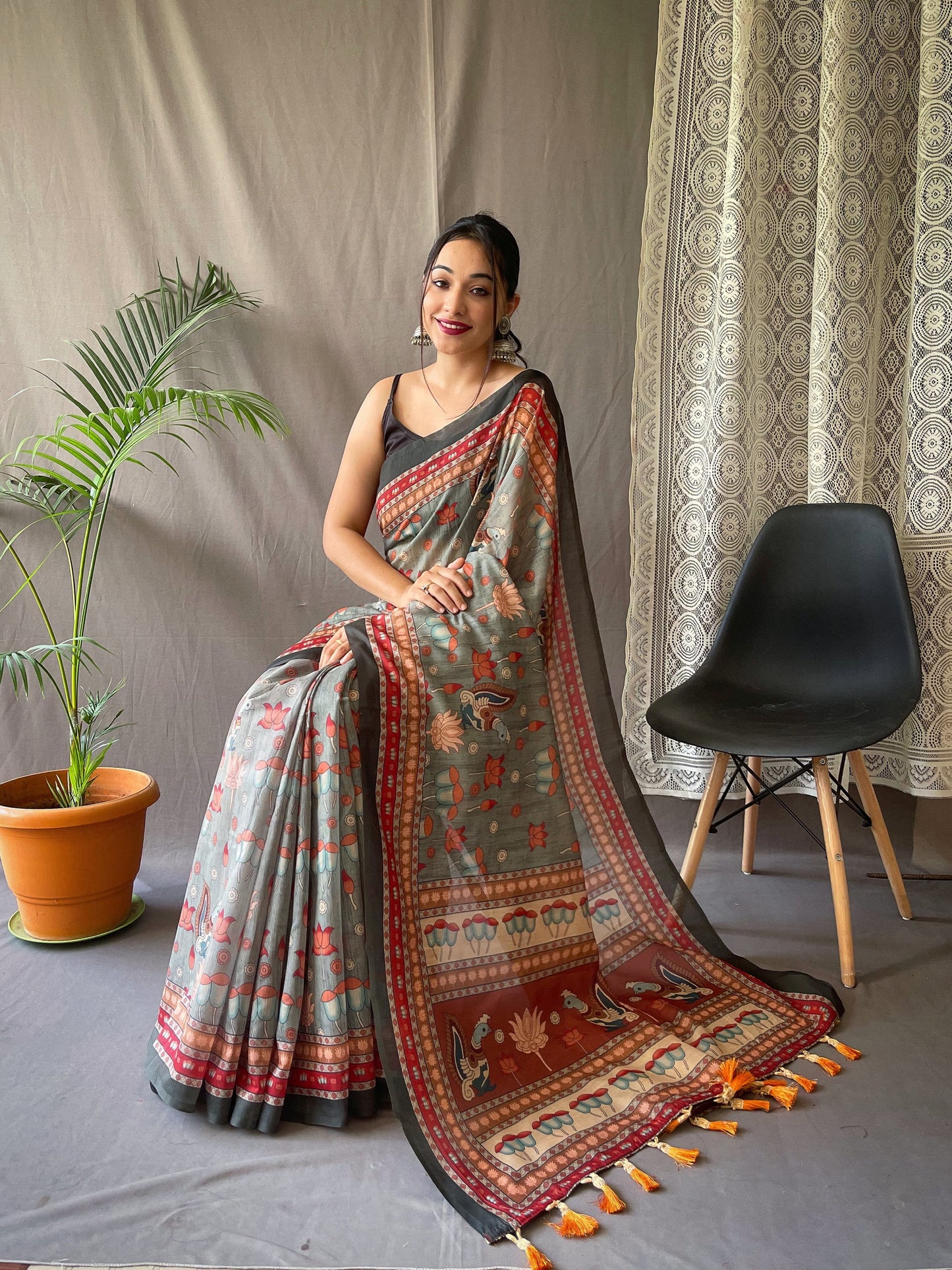 Multi Digital Kalamkari Print Mehendi Color Cotton Saree