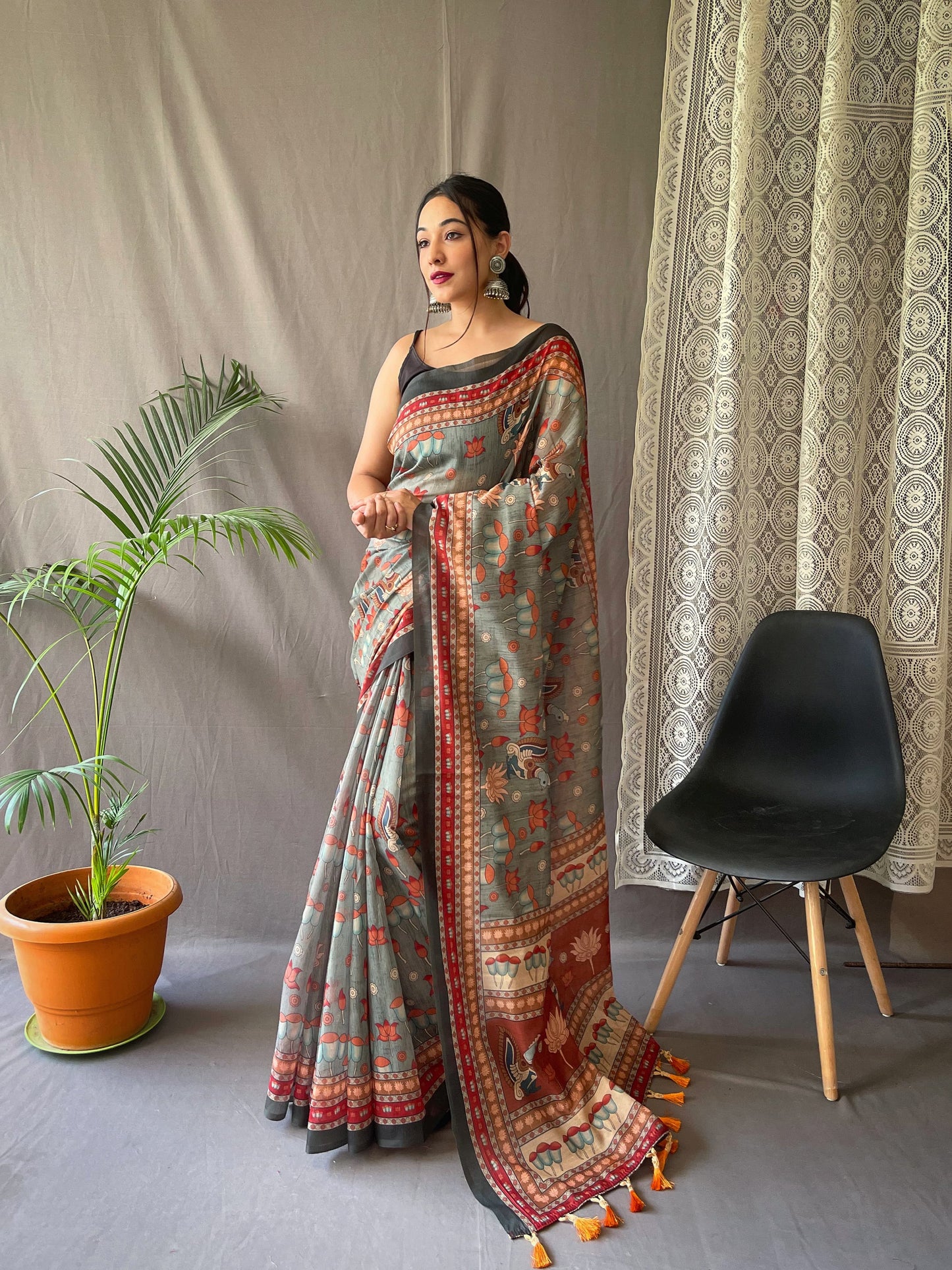 Multi Digital Kalamkari Print Mehendi Color Cotton Saree