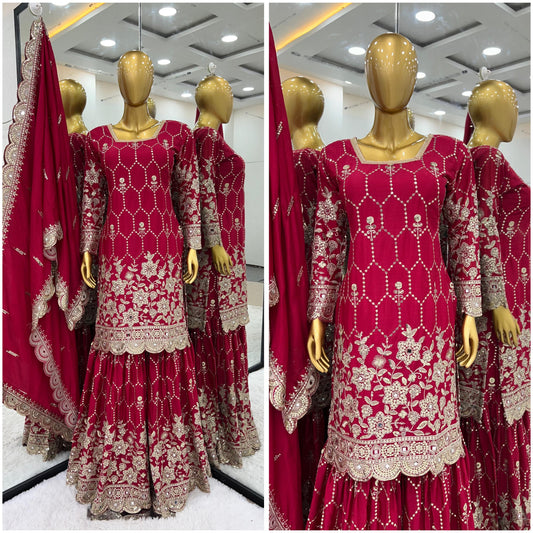 Gorgeous Embroidery Sequence Work Red Color Sharara Suit