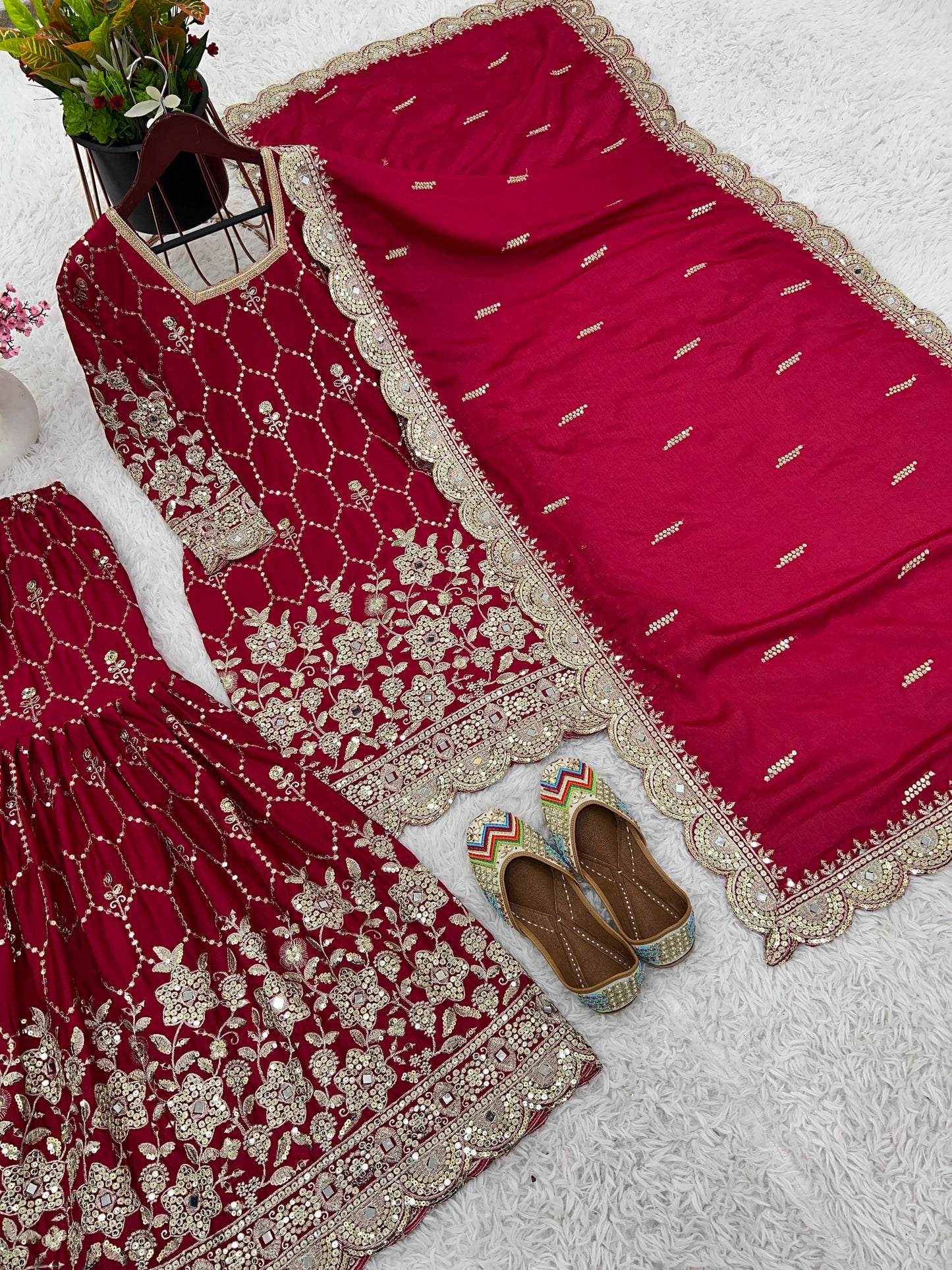 Gorgeous Embroidery Sequence Work Red Color Sharara Suit