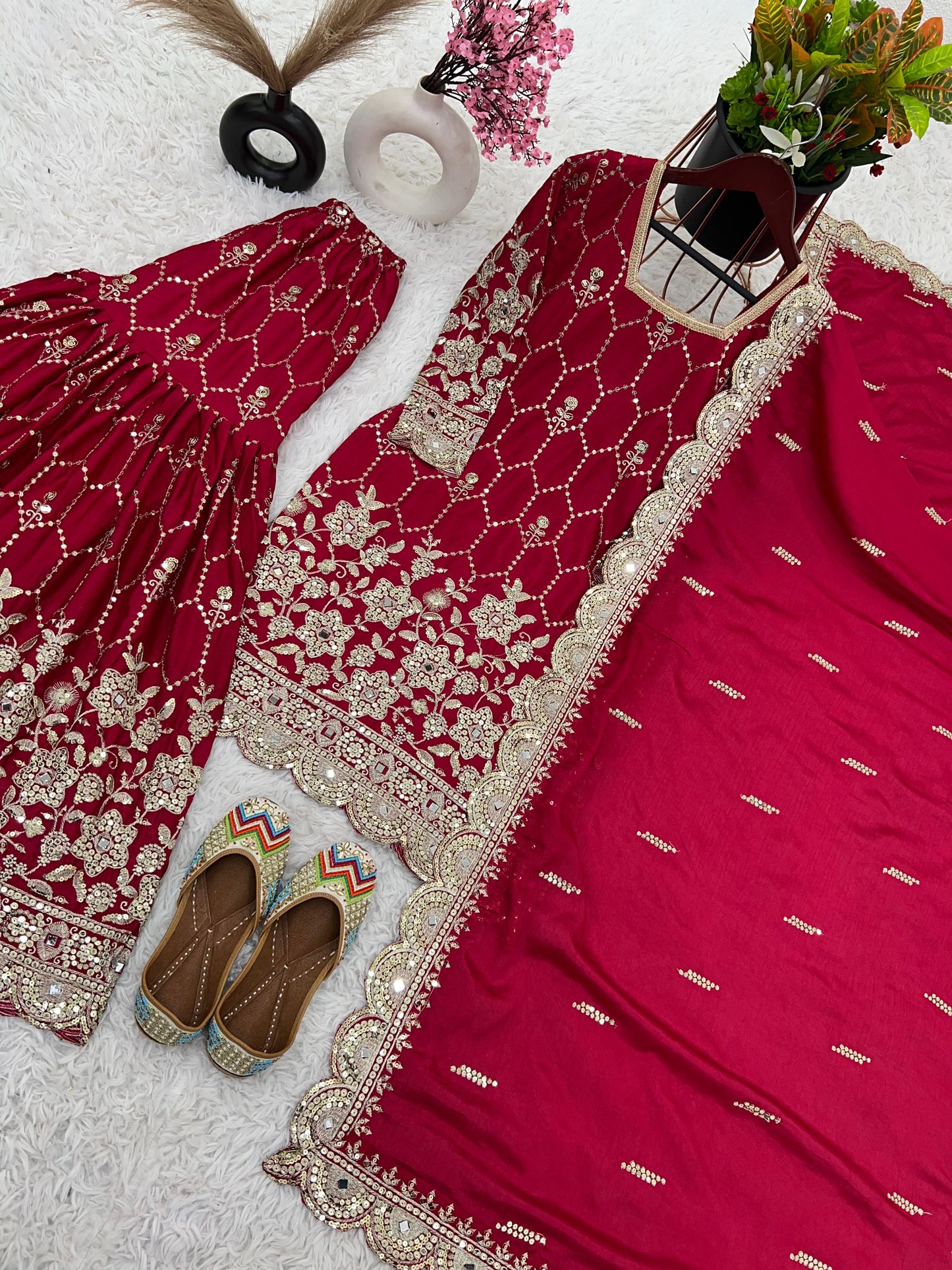 Gorgeous Embroidery Sequence Work Red Color Sharara Suit