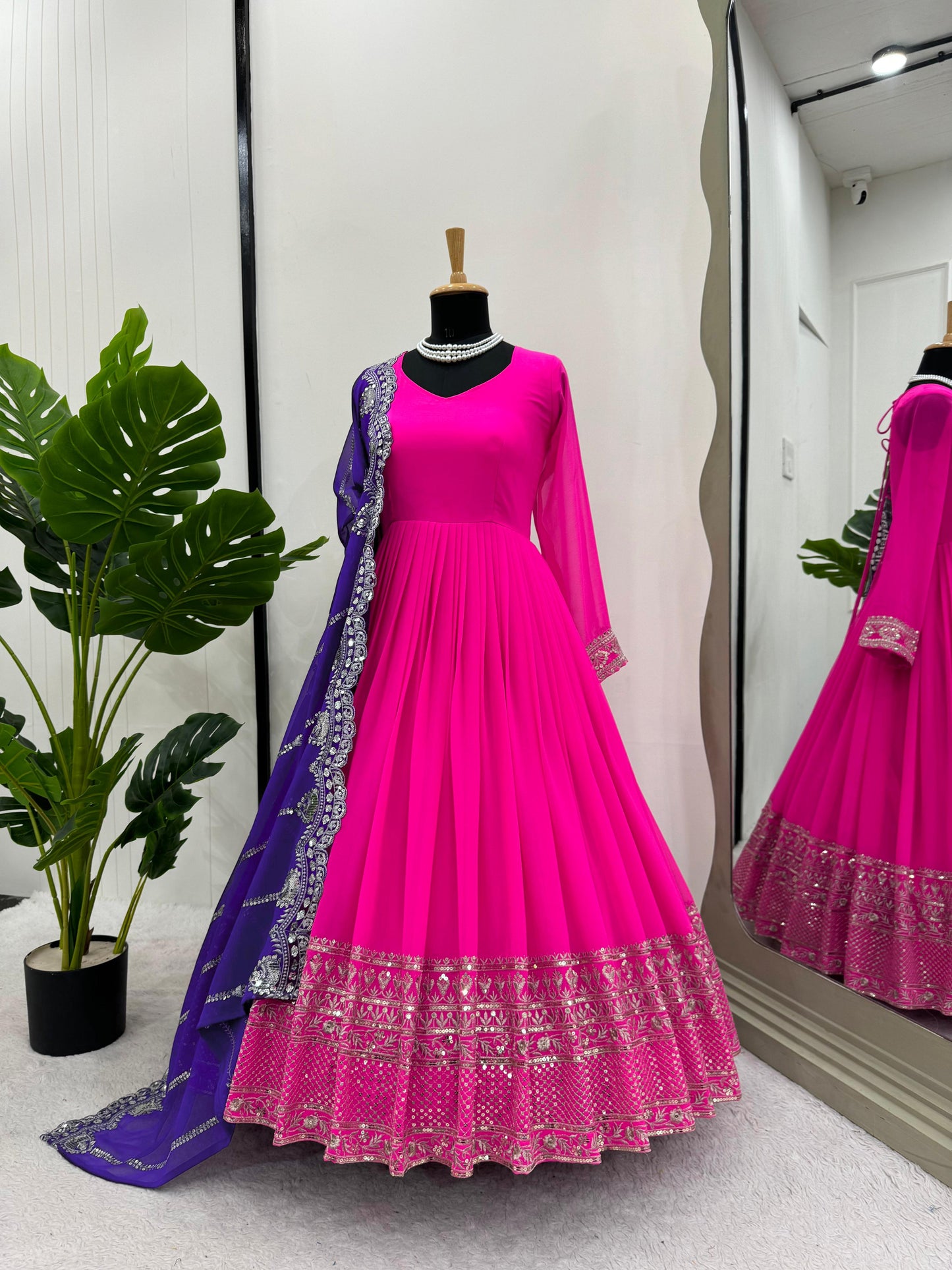 Beautiful Border Pink Color Long Gown Blue Dupatta