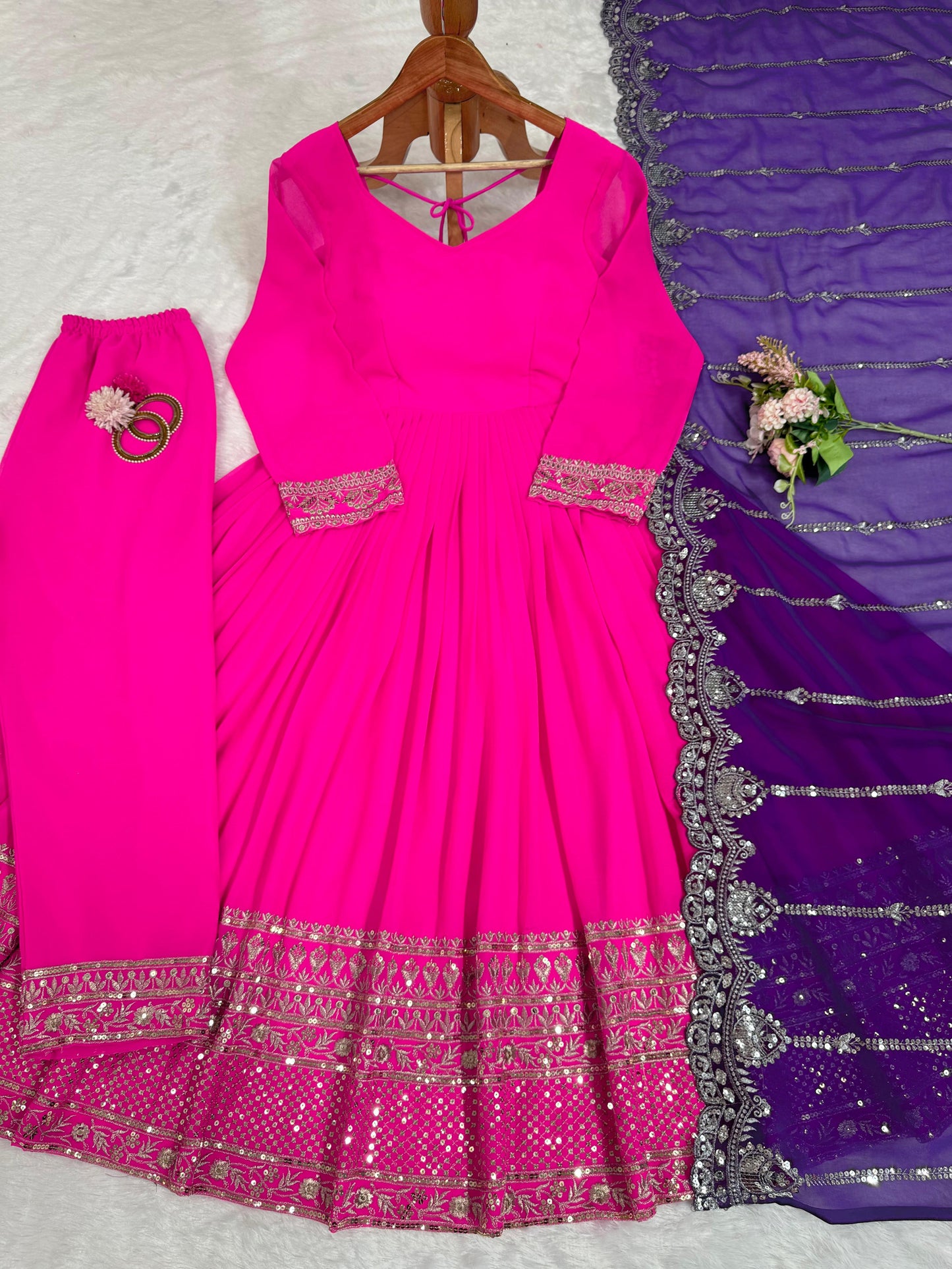 Beautiful Border Pink Color Long Gown Blue Dupatta