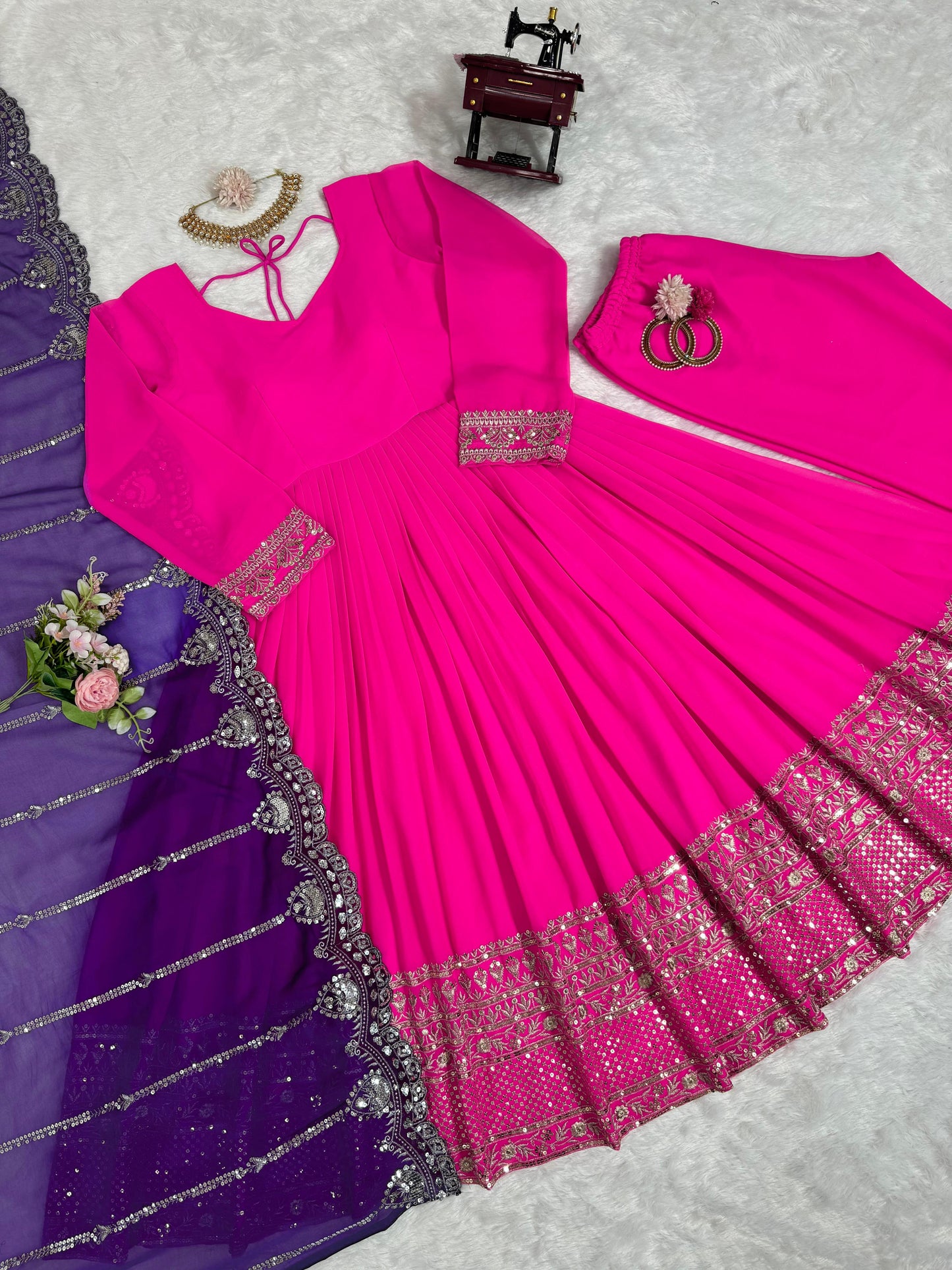 Beautiful Border Pink Color Long Gown Blue Dupatta