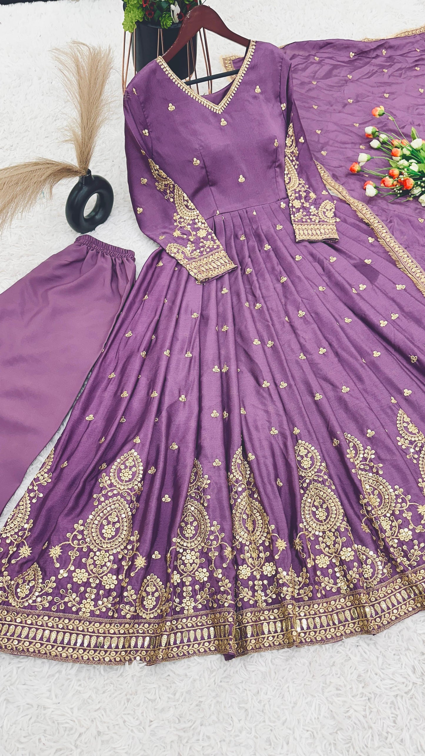 Embroidery Sequence Work Lavender Color Anarkali Gown