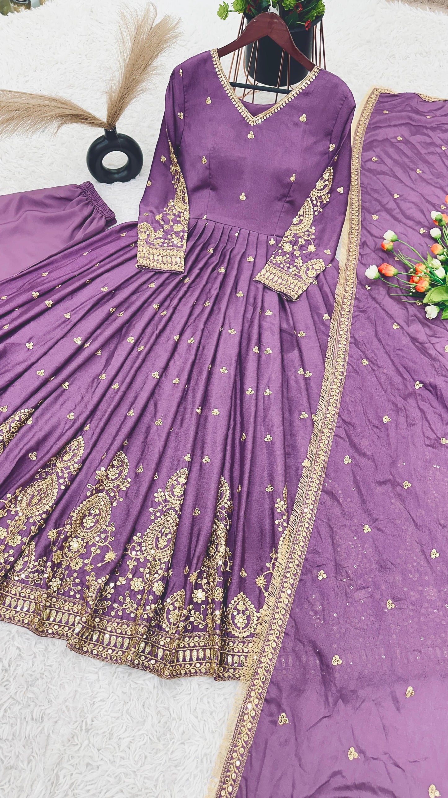 Embroidery Sequence Work Lavender Color Anarkali Gown